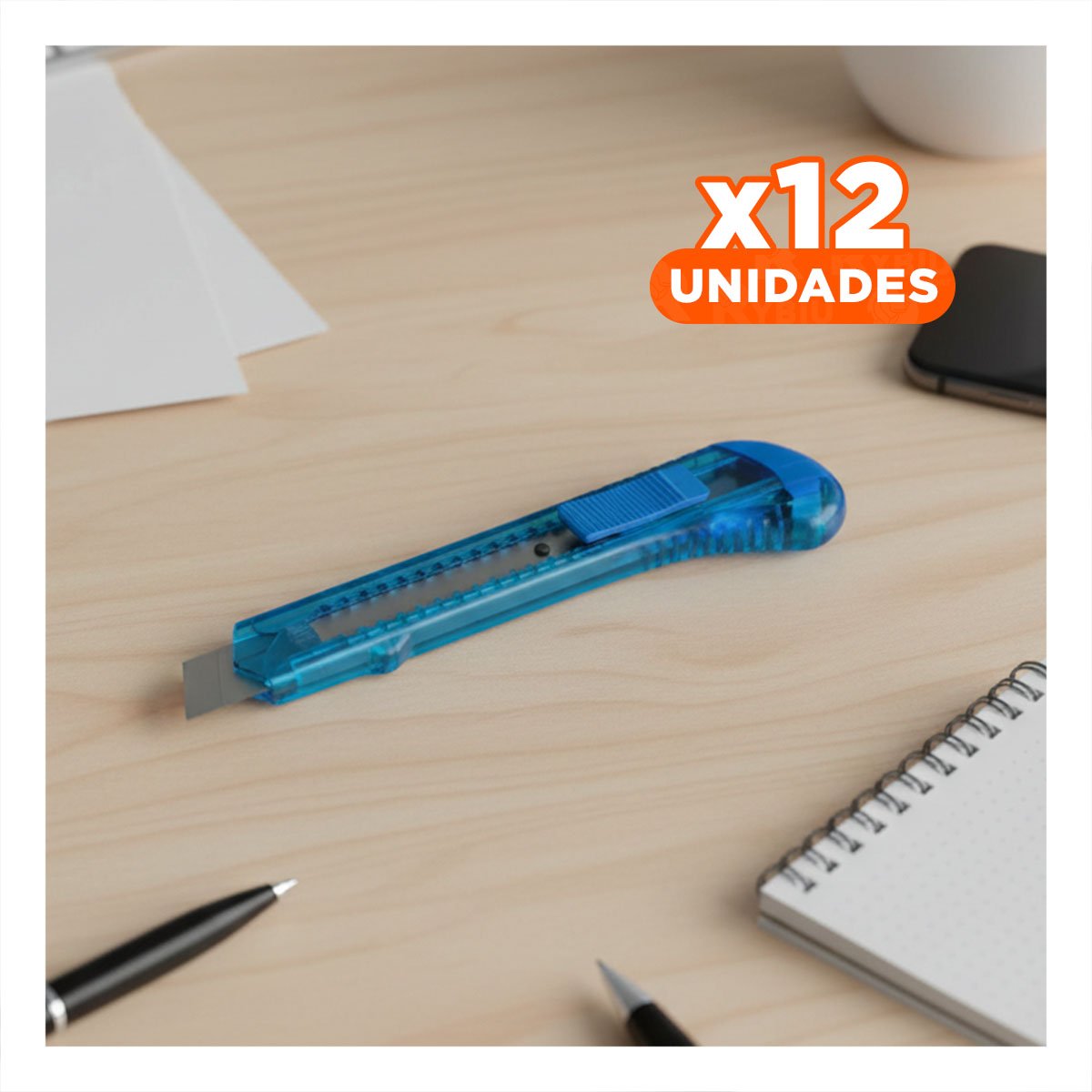 PACK12 CUCHILLA DE ESCRITORIO 15CM AZUL TRANSPARENTE SET 3 UNIDADES - 1