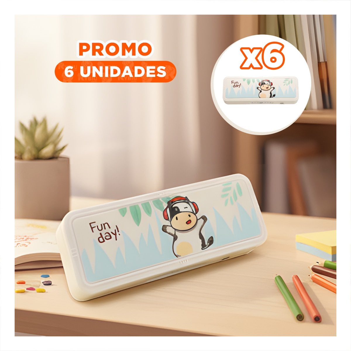 PACK6 PORTALAPICES PRACTICO VACA BEIGE CON CLAVE 2 NIVELES INFANTIL Y+REGALO STICKER - 1