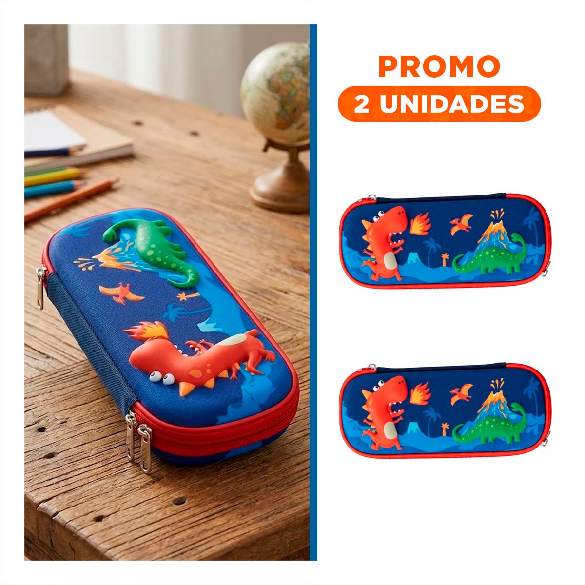 PACK2 BOLSO COMPACTO DINOS AZUL ALTO RELIEVE PARA GUARDAR UTILES - 1