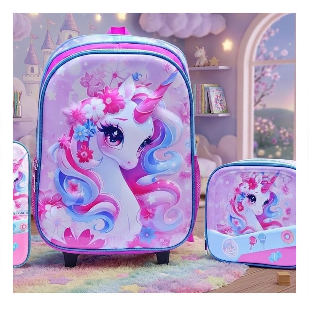 PACK4 MALETA SET ROSADO DE UNICORNIO CON LONCHERA Y CARTUCHERA Y+PAPEL REGALO - 2