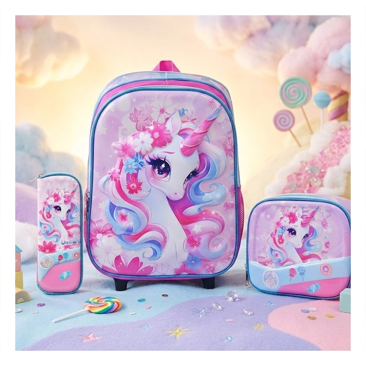 PACK4 MALETA SET ROSADO DE UNICORNIO CON LONCHERA Y CARTUCHERA Y+PAPEL REGALO - 5