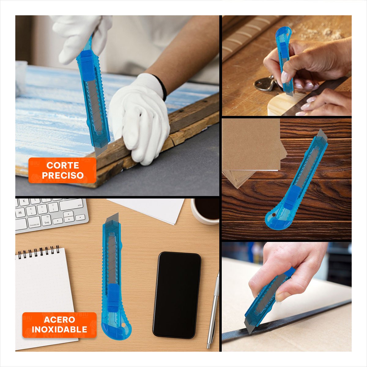PACK4 NAVAJA PARA OFICINA 15CM AZUL TRANSPARENTE SET 3 UNIDADES Y+REGALO STICKER - 2