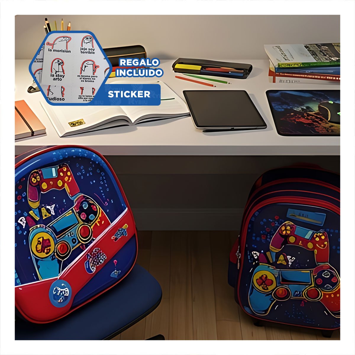 MALETA ESCOLAR AZUL MODERNA DE VIDEOJUEGOS CON LONCHERA Y CARTUCHERA Y+REGALO STICKER - 1