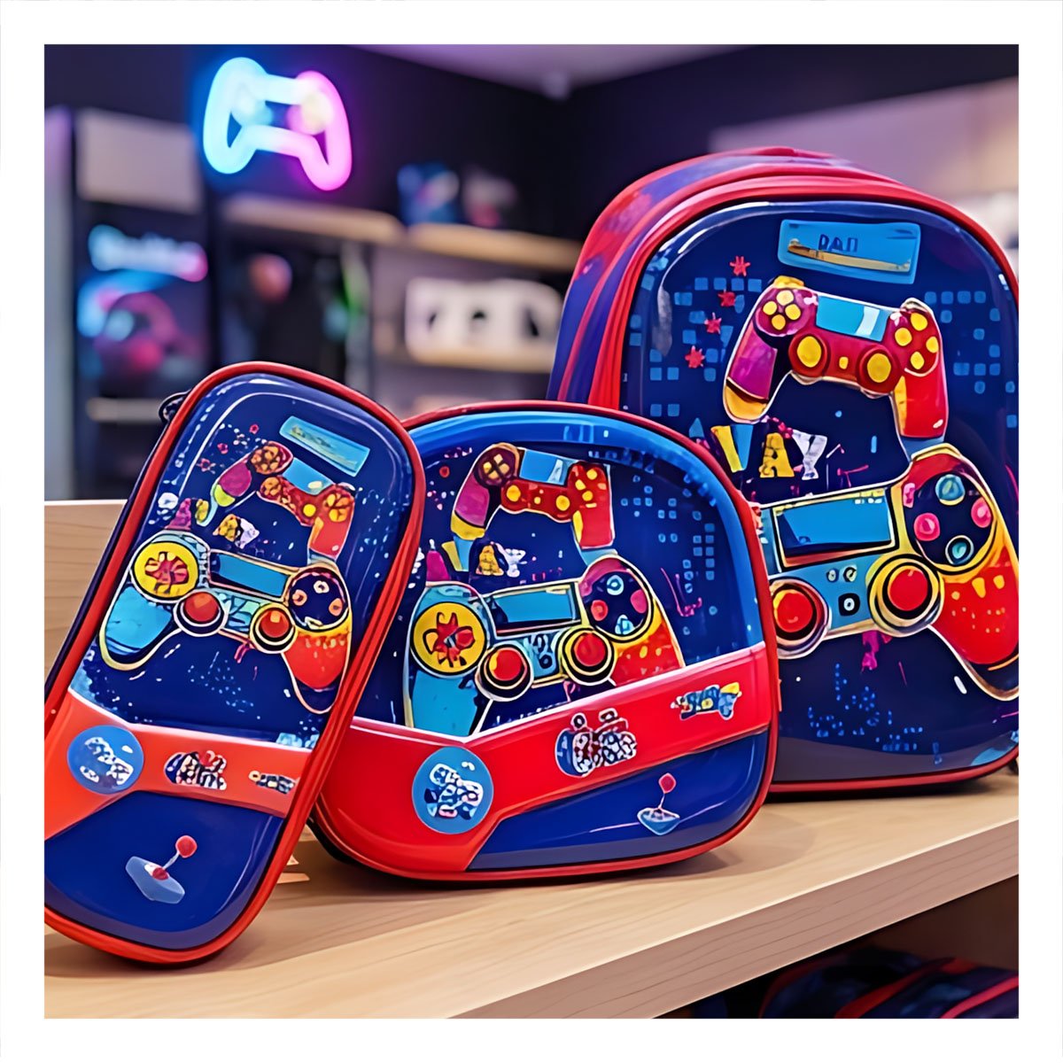 MALETA ESCOLAR AZUL MODERNA DE VIDEOJUEGOS CON LONCHERA Y CARTUCHERA Y+REGALO STICKER - 2