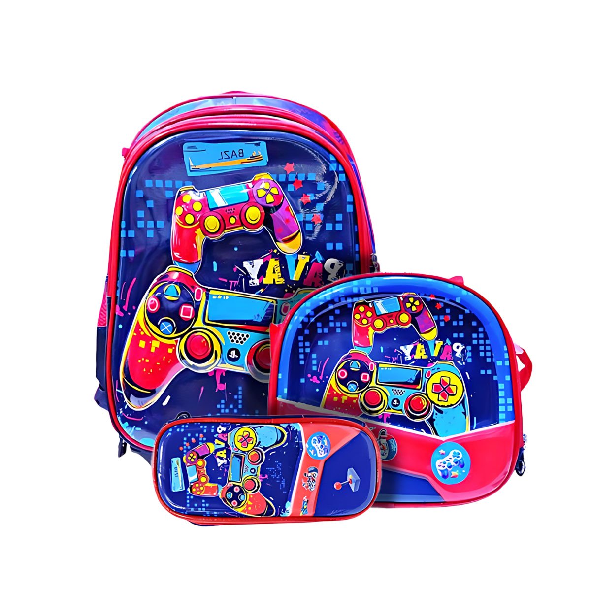 MALETA ESCOLAR AZUL MODERNA DE VIDEOJUEGOS CON LONCHERA Y CARTUCHERA Y+REGALO STICKER - 3