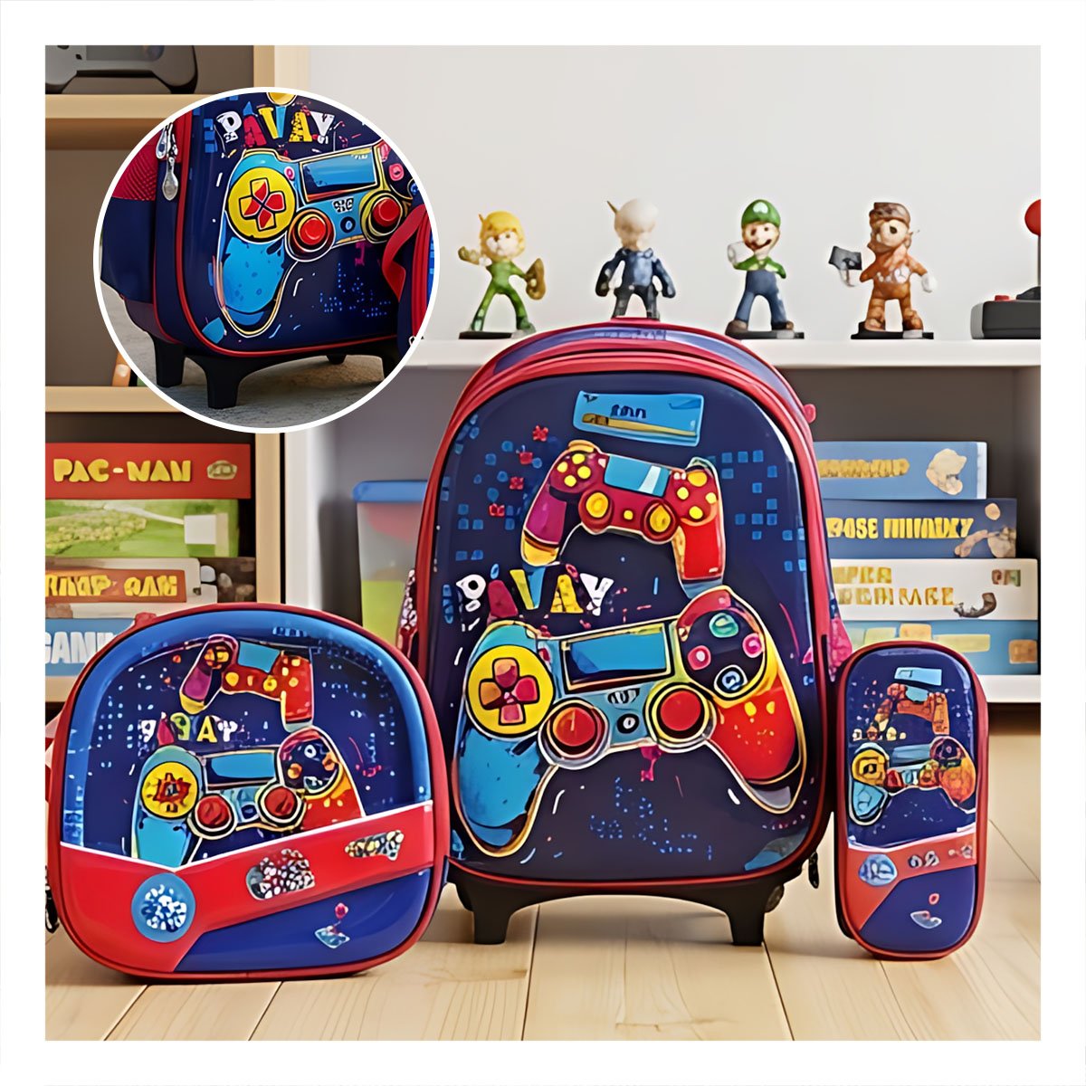MALETA ESCOLAR AZUL MODERNA DE VIDEOJUEGOS CON LONCHERA Y CARTUCHERA Y+REGALO STICKER - 5