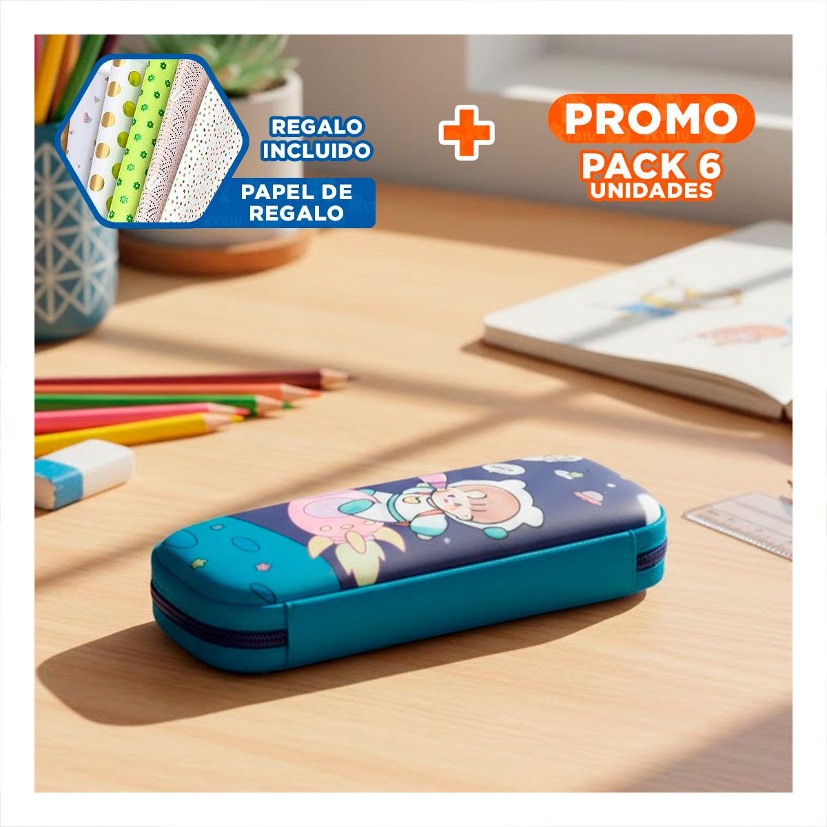 PACK6 ACCESORIO FUNCIONAL ASTRONAUTA EN COHETE AZUL ALTO RELIEVE CON CAPACIDAD Y+PAPEL REGALO - 1