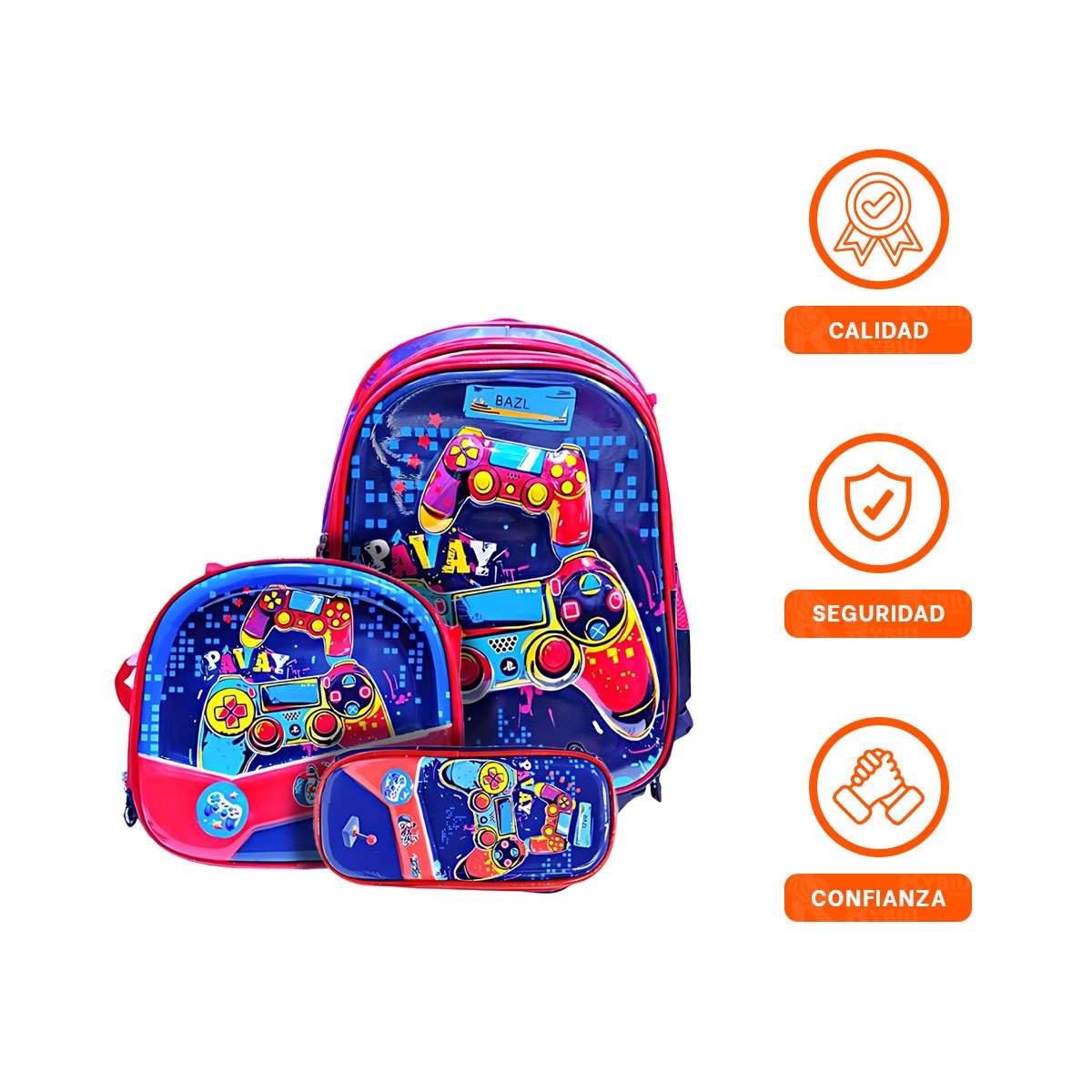 MORRAL ESCOLAR AZUL MODERNO DE VIDEOJUEGOS CON LONCHERA Y CARTUCHERA - 3
