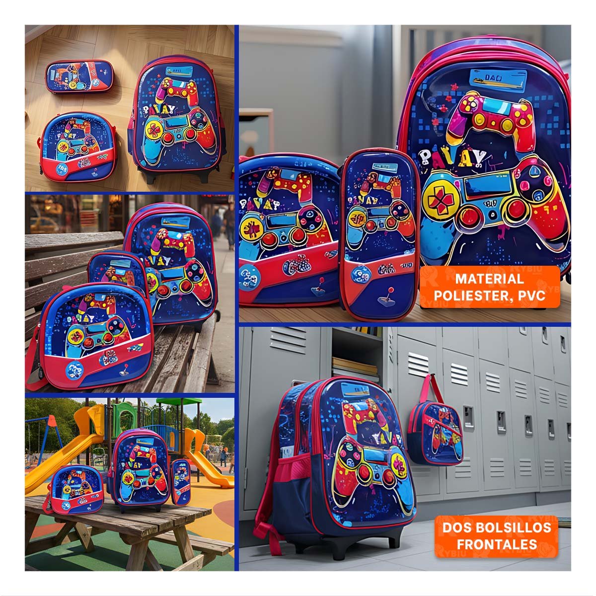MORRAL ESCOLAR AZUL MODERNO DE VIDEOJUEGOS CON LONCHERA Y CARTUCHERA - 5