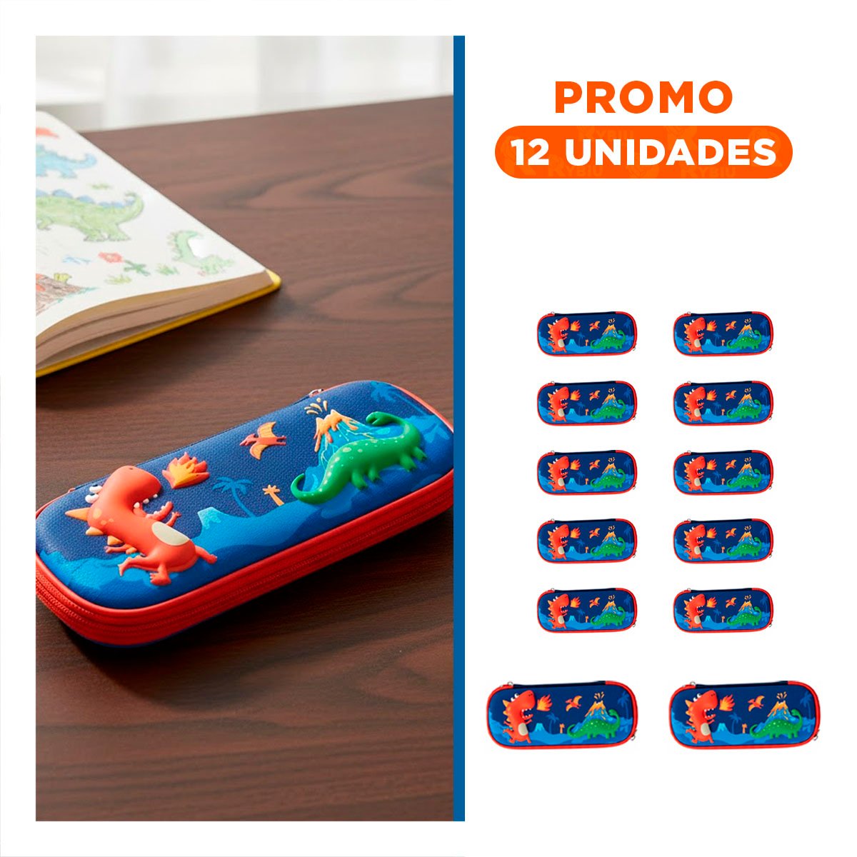 PACK12 FUNDA MODERNA DINOS AZUL ALTO RELIEVE CON ESPACIO AMPLIO INTERNO Y+REGALO STICKER - 1