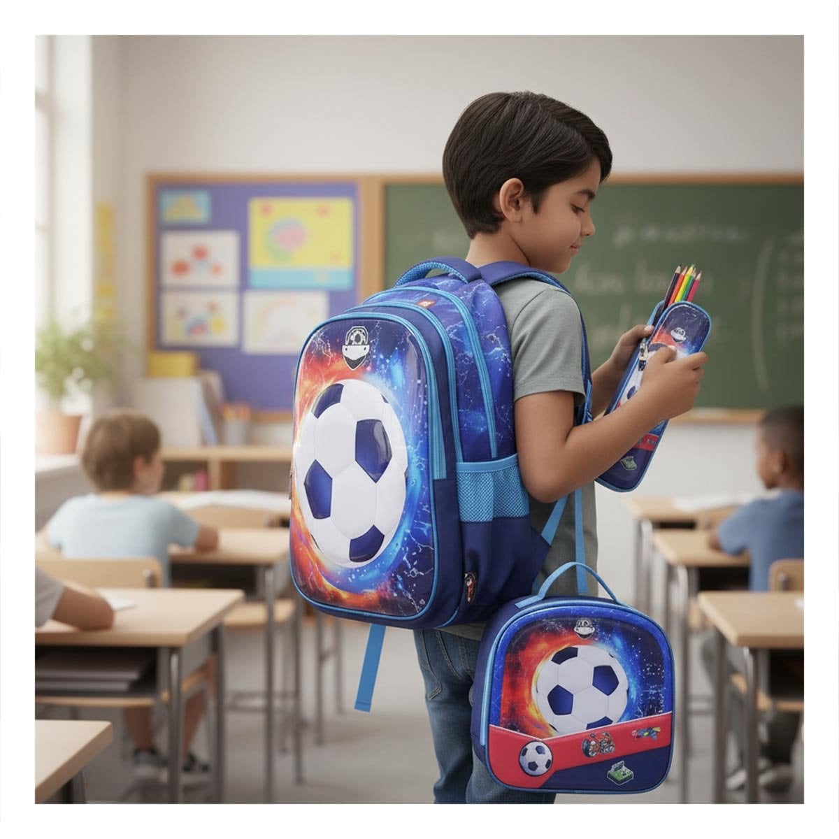 PACK6 MOCHILA PACK AZUL DE PELOTA CON LONCHERA Y CARTUCHERA ESCOLAR - 3