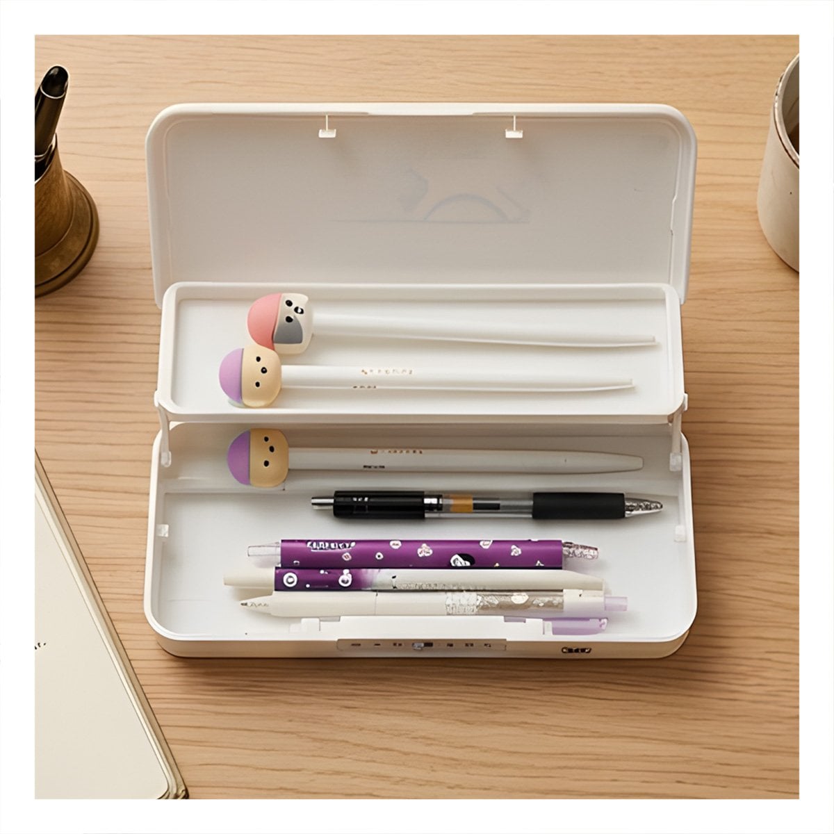 PACK2 PORTALAPICES JUVENIL CON CLAVE 2 NIVELES GATO CON FLOR BEIGE SEGURO Y+REGALO STICKER - 3