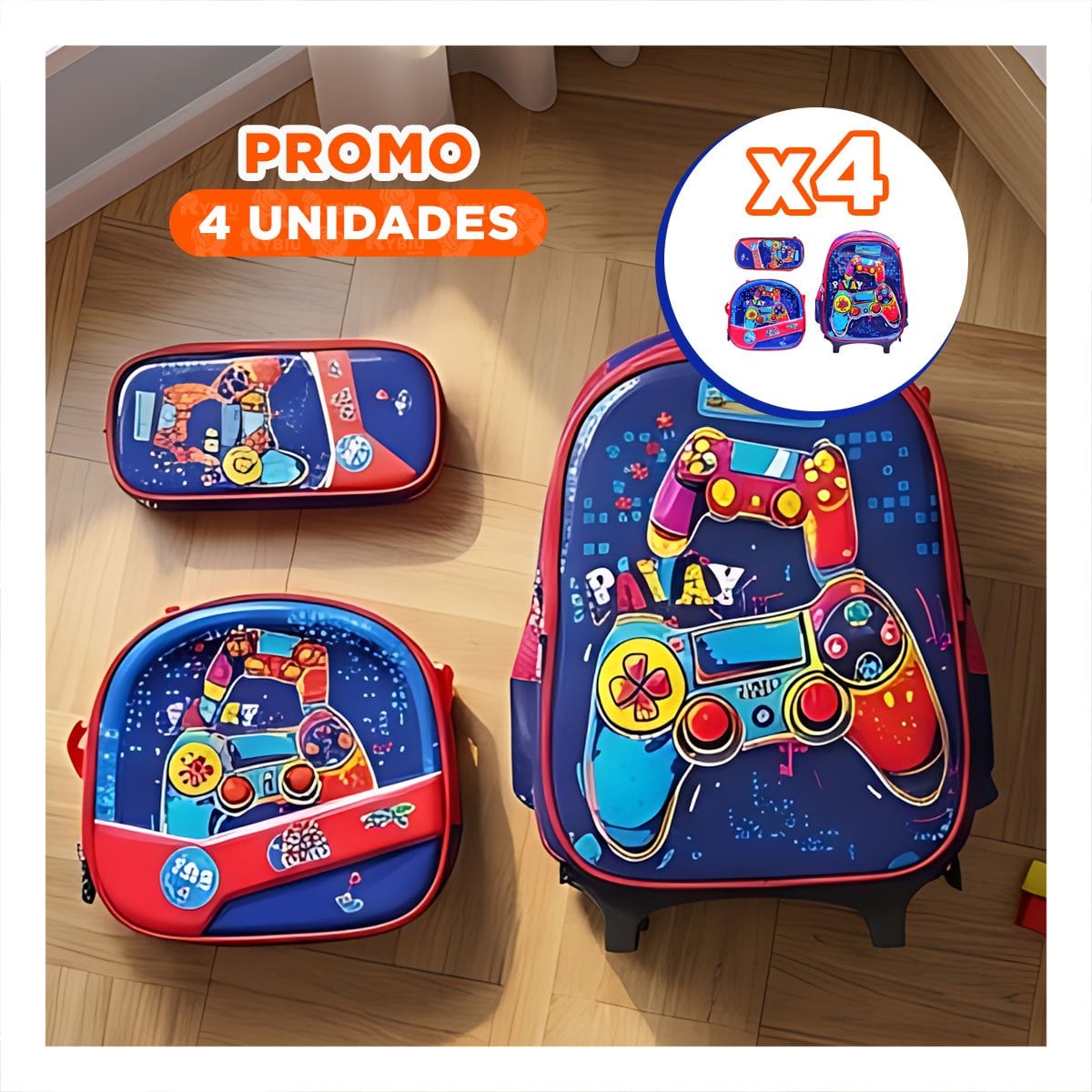 PACK4 MOCHILA ESCOLAR AZUL RESISTENTE DE VIDEOJUEGOS CON LONCHERA Y CARTUCHERA - 1