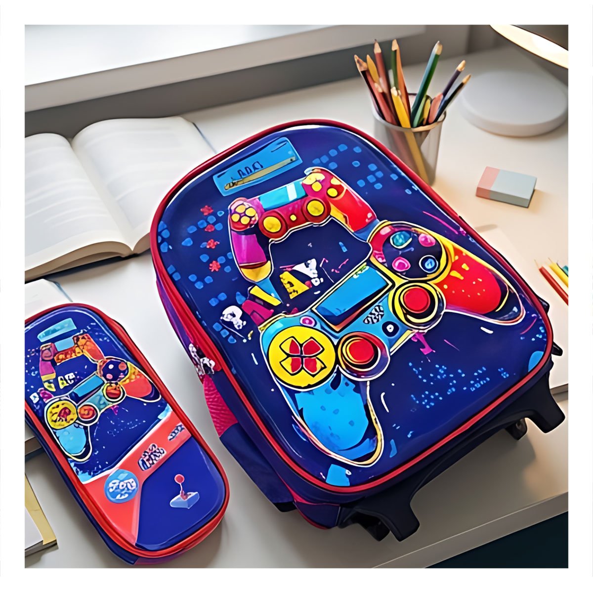 PACK4 MOCHILA ESCOLAR AZUL RESISTENTE DE VIDEOJUEGOS CON LONCHERA Y CARTUCHERA - 2