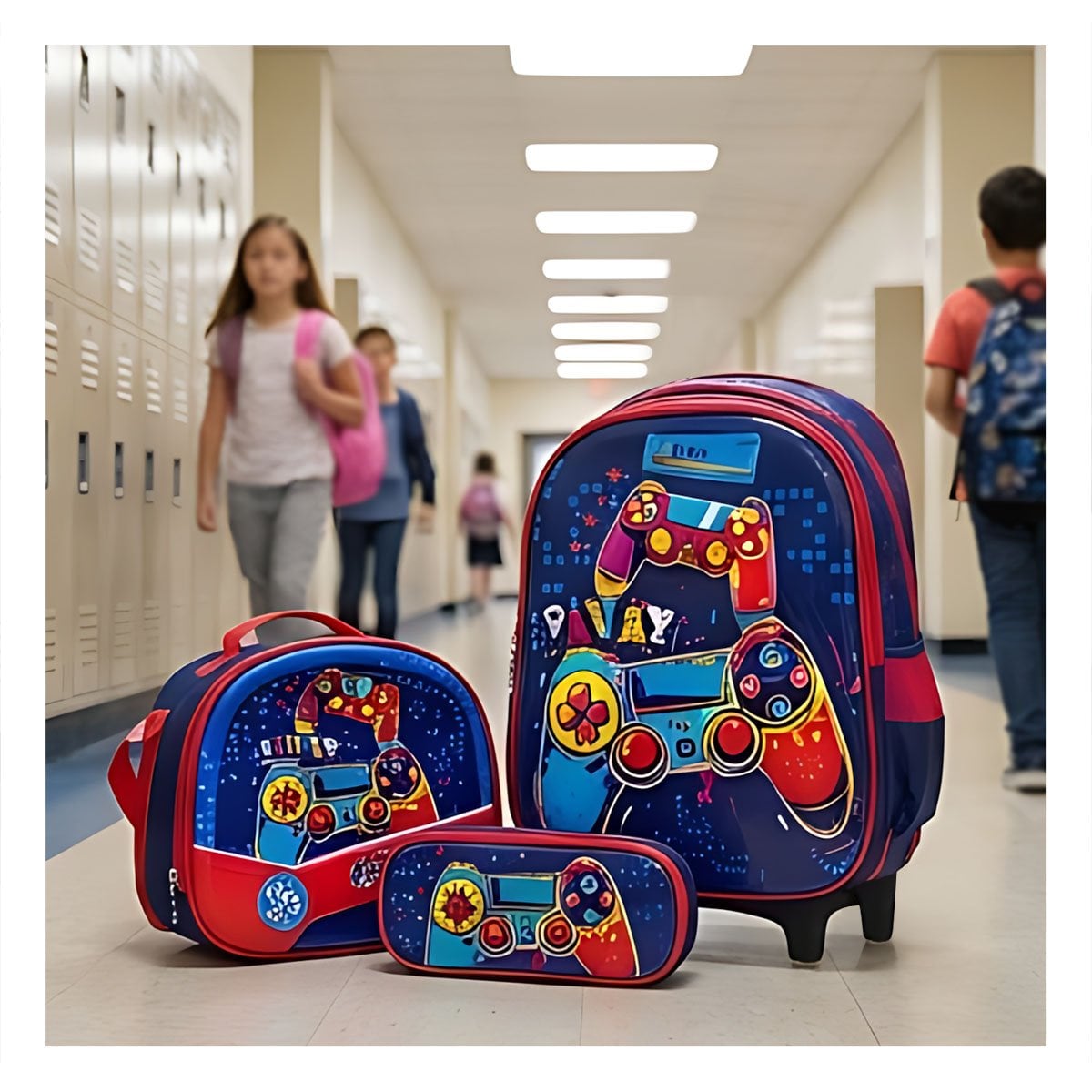 PACK4 MOCHILA ESCOLAR AZUL RESISTENTE DE VIDEOJUEGOS CON LONCHERA Y CARTUCHERA - 3
