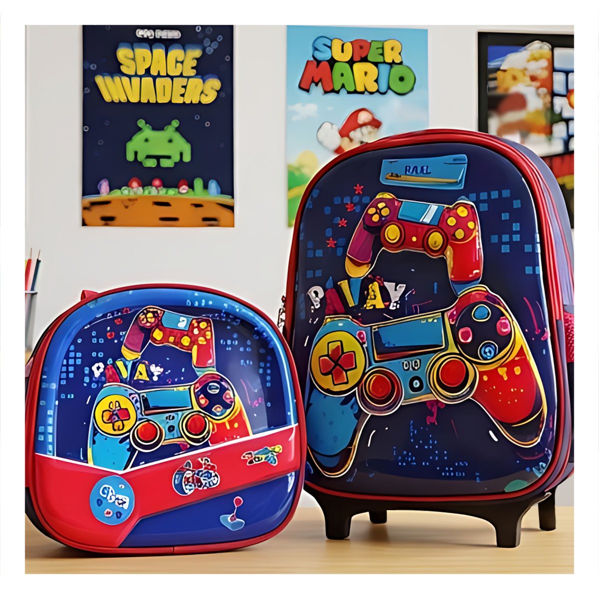 PACK4 MOCHILA ESCOLAR AZUL RESISTENTE DE VIDEOJUEGOS CON LONCHERA Y CARTUCHERA - 5