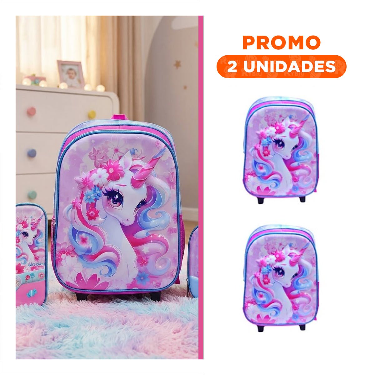 PACK2 MOCHILERO CON LONCHERA Y CARTUCHERA ROSADO DE UNICORNIO ESCOLAR - 1