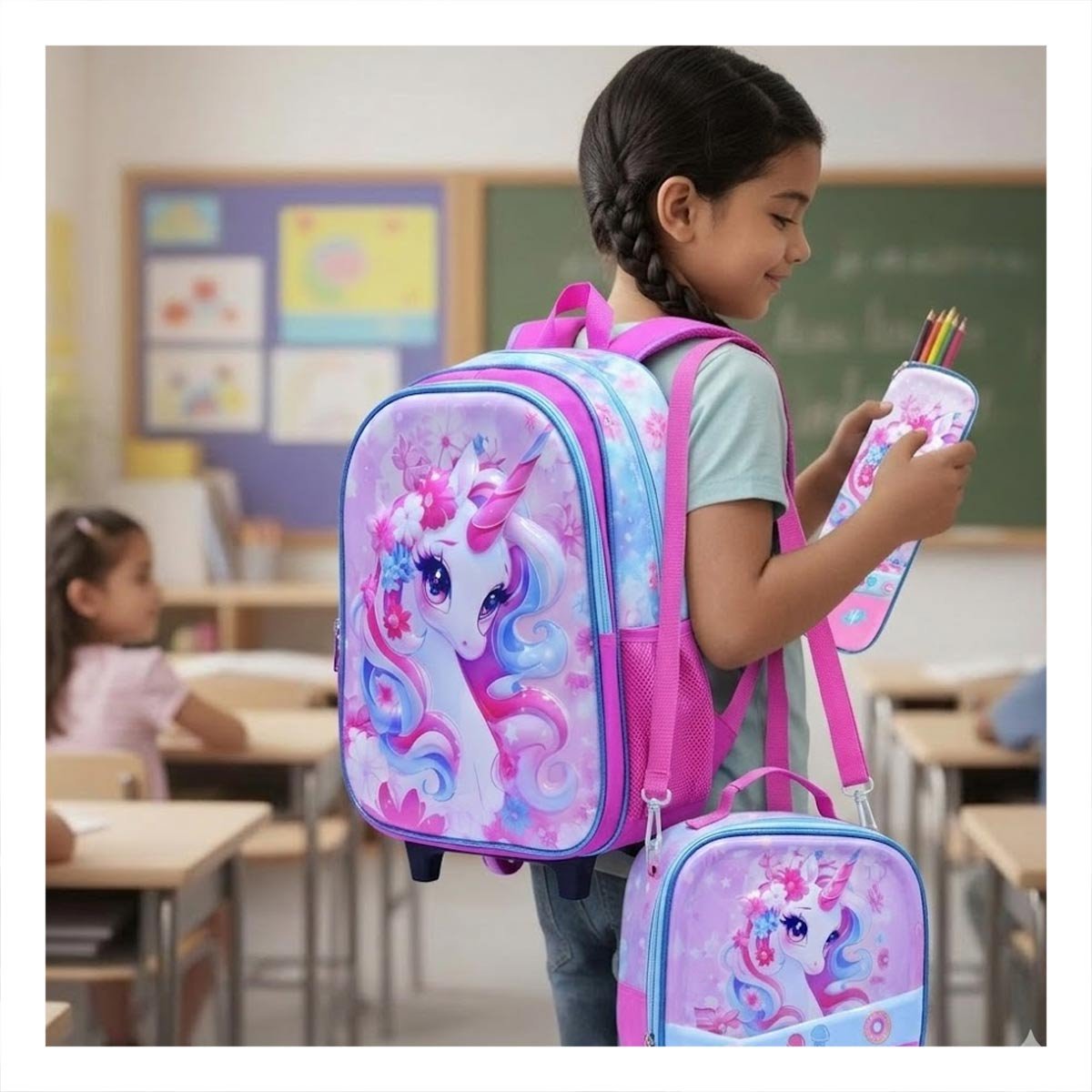 PACK2 MOCHILERO CON LONCHERA Y CARTUCHERA ROSADO DE UNICORNIO ESCOLAR - 3