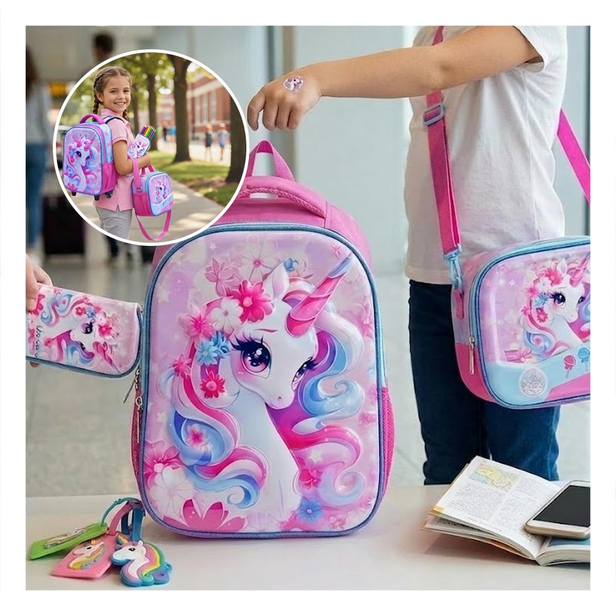 PACK2 MOCHILERO CON LONCHERA Y CARTUCHERA ROSADO DE UNICORNIO ESCOLAR - 5