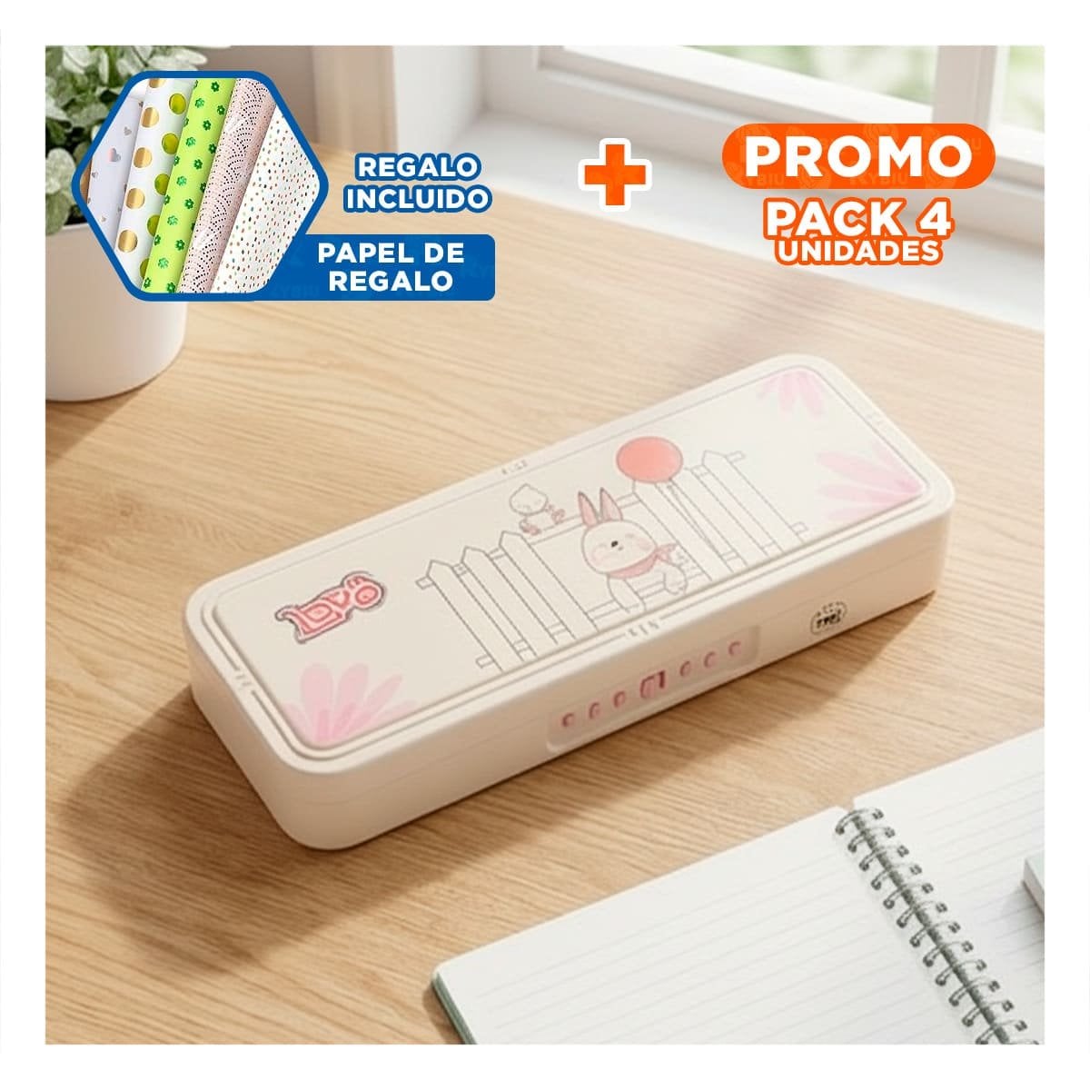 PACK4 PORTALAPICES MODERNO CONEJO Y REJAS BEIGE CON CLAVE 2 NIVELES Y+PAPEL REGALO - 1