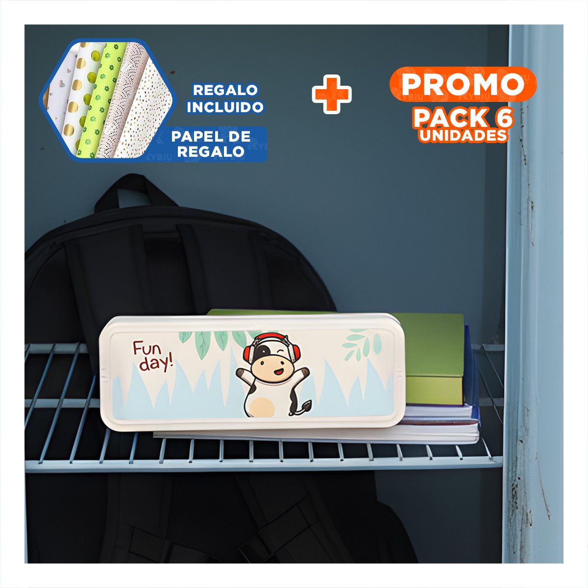 PACK6 ESTUCHE PRACTICO VACA BEIGE CON CLAVE 2 NIVELES ESCOLAR Y+PAPEL REGALO - 1