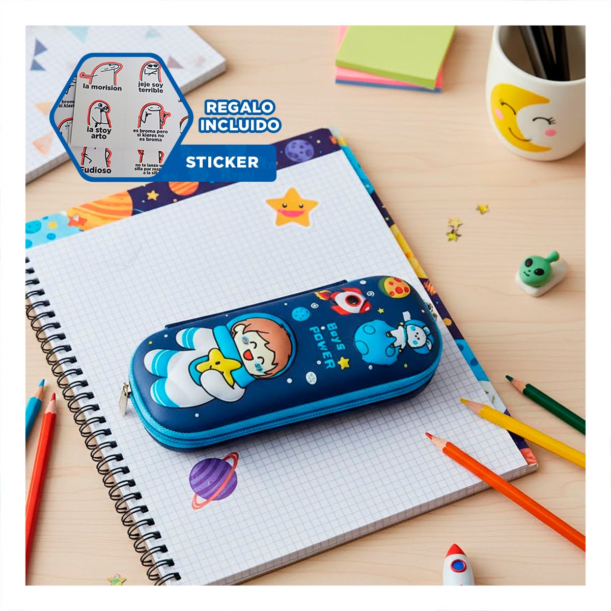 ESTUCHE COMPACTO ASTRONAUTA FELIZ AZUL ALTO RELIEVE PARA GUARDAR UTILES Y+REGALO STICKER - 1