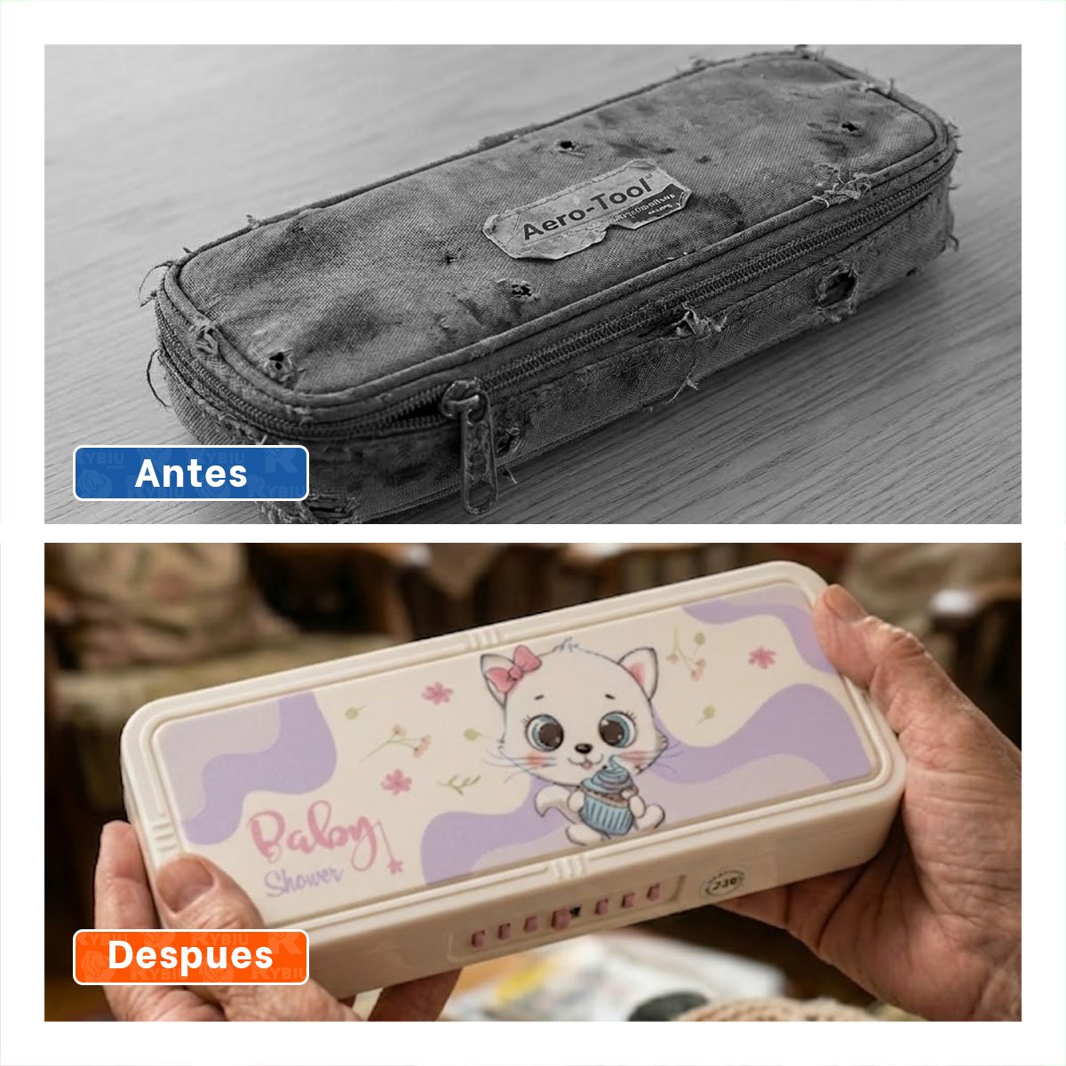 CARTUCHERA PORTATIL CON CLAVE 2 NIVELES DISENO GATO BEIGE Y+POST IT - 1