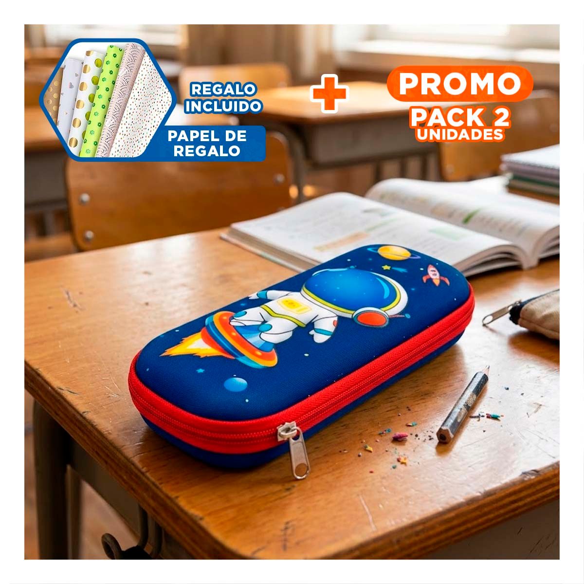 PACK2 BOLSO MODERNO ASTRONAUTA AZUL ALTO RELIEVE CON ESPACIO AMPLIO Y+PAPEL REGALO - 1