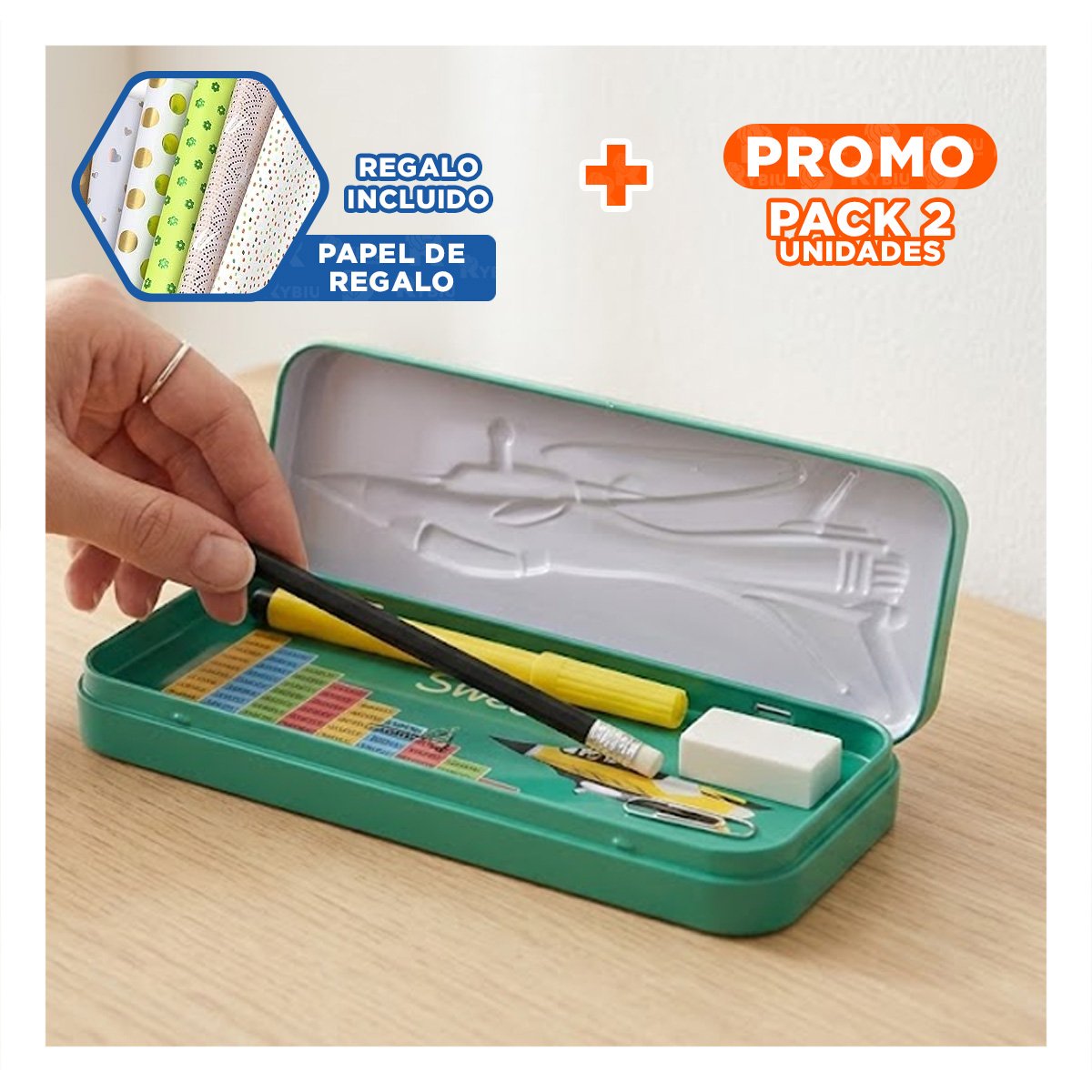 PACK2 ESTUCHE PRACTICO VERDE METALICO CON SEPARADOR PARA UTILES Y+PAPEL REGALO - 1