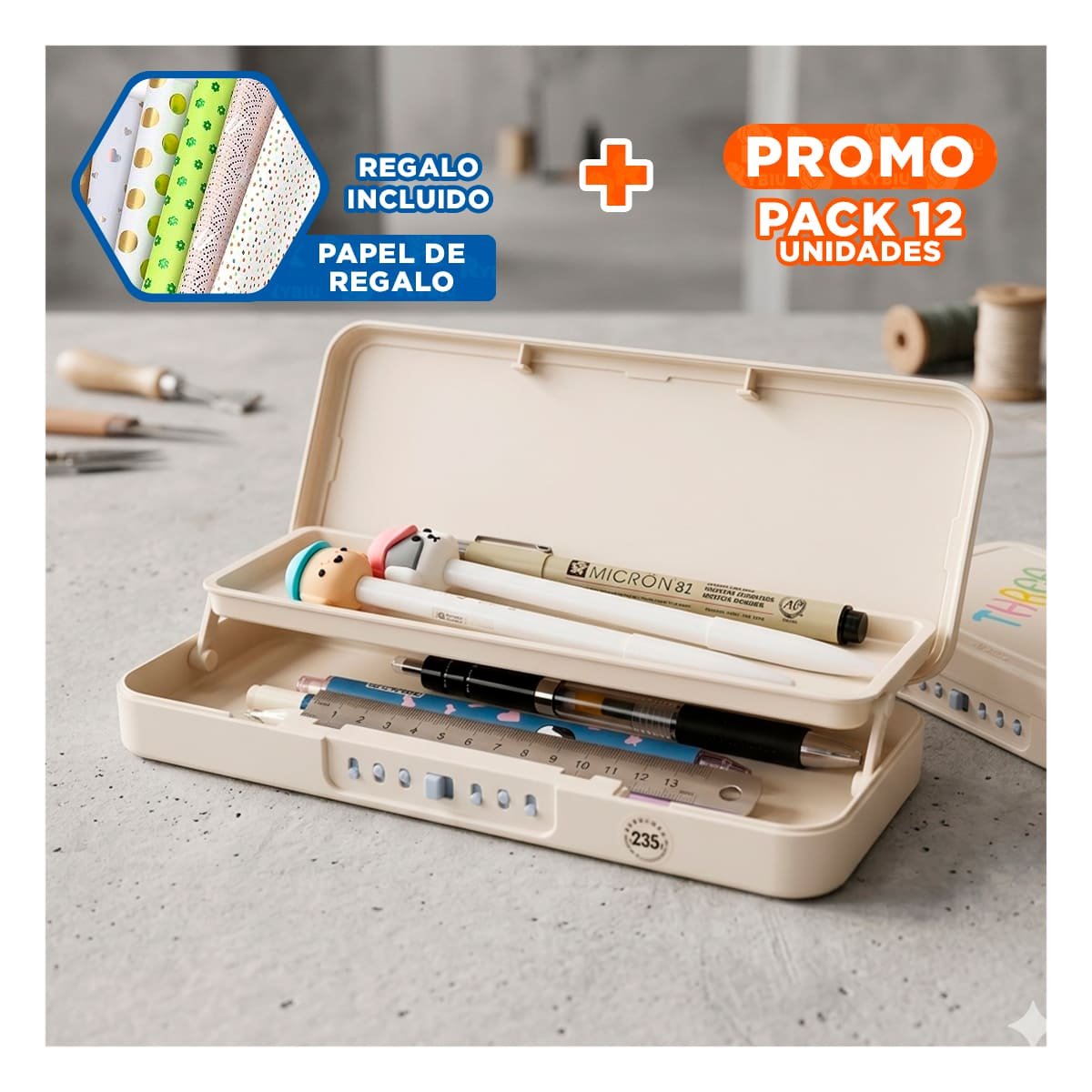 PACK12 CARTUCHERA DE SEGURIDAD BEIGE CON CLAVE 2 NIVELES DISENO PATO Y+PAPEL REGALO - 1