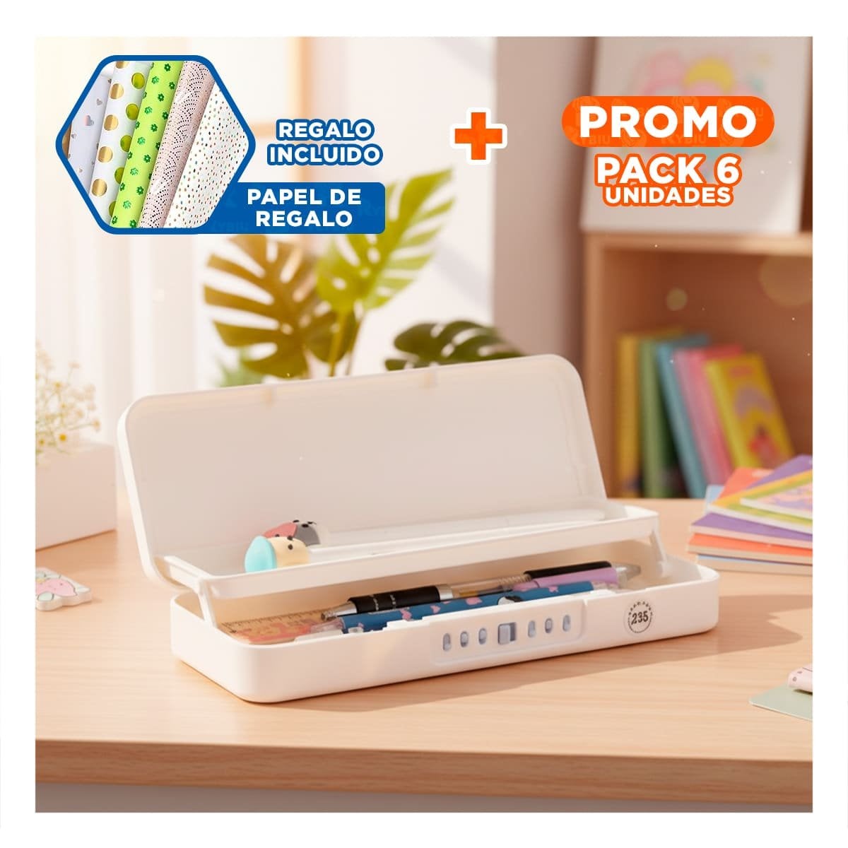 PACK6 ESTUCHE SEGURO BEIGE CON CLAVE 2 NIVELES DISENO HELADOS INFANTIL Y+PAPEL REGALO - 1