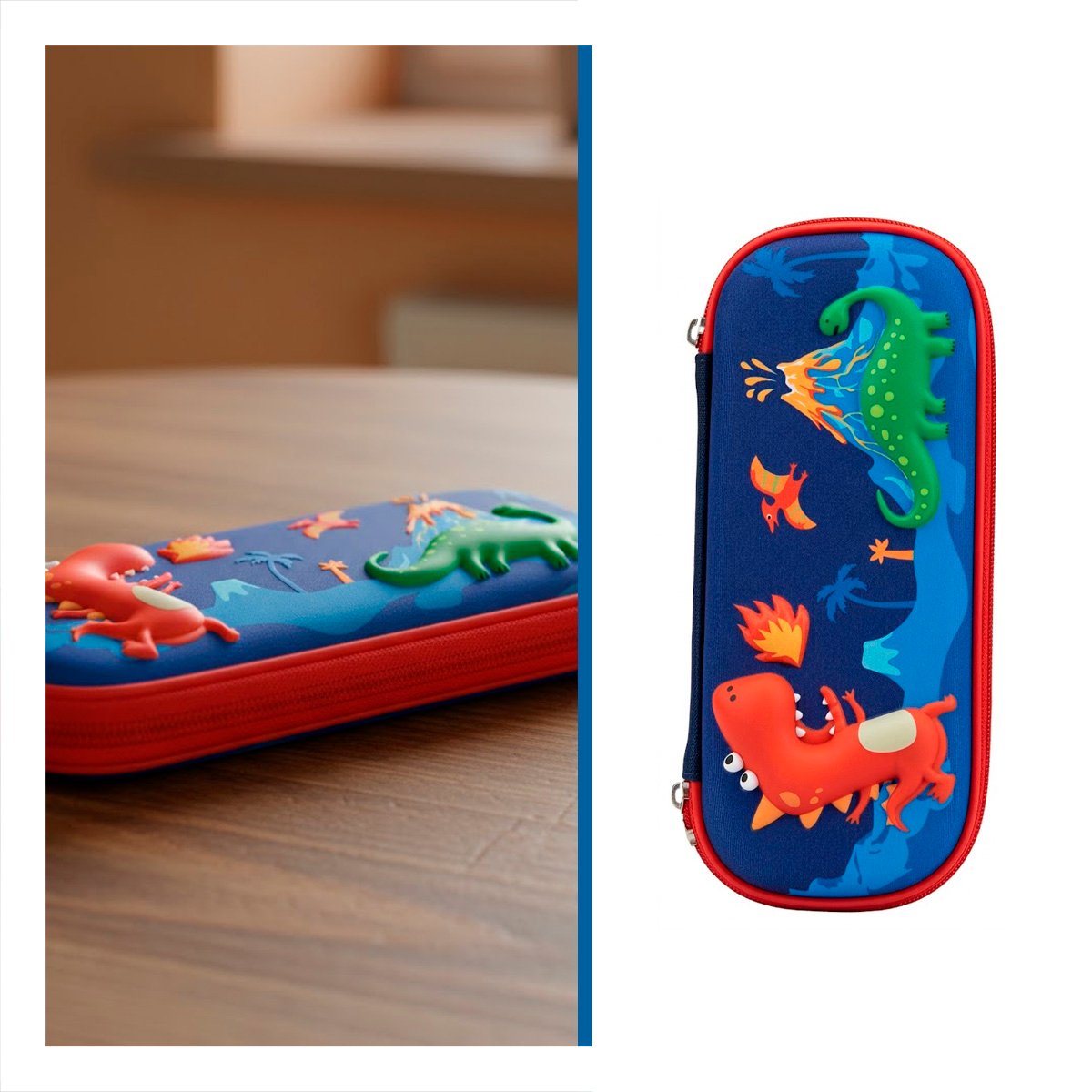 ESTUCHE ESCOLAR DINOS AZUL ALTO RELIEVE CON CIERRE SEGURO Y PRACTICO - 3