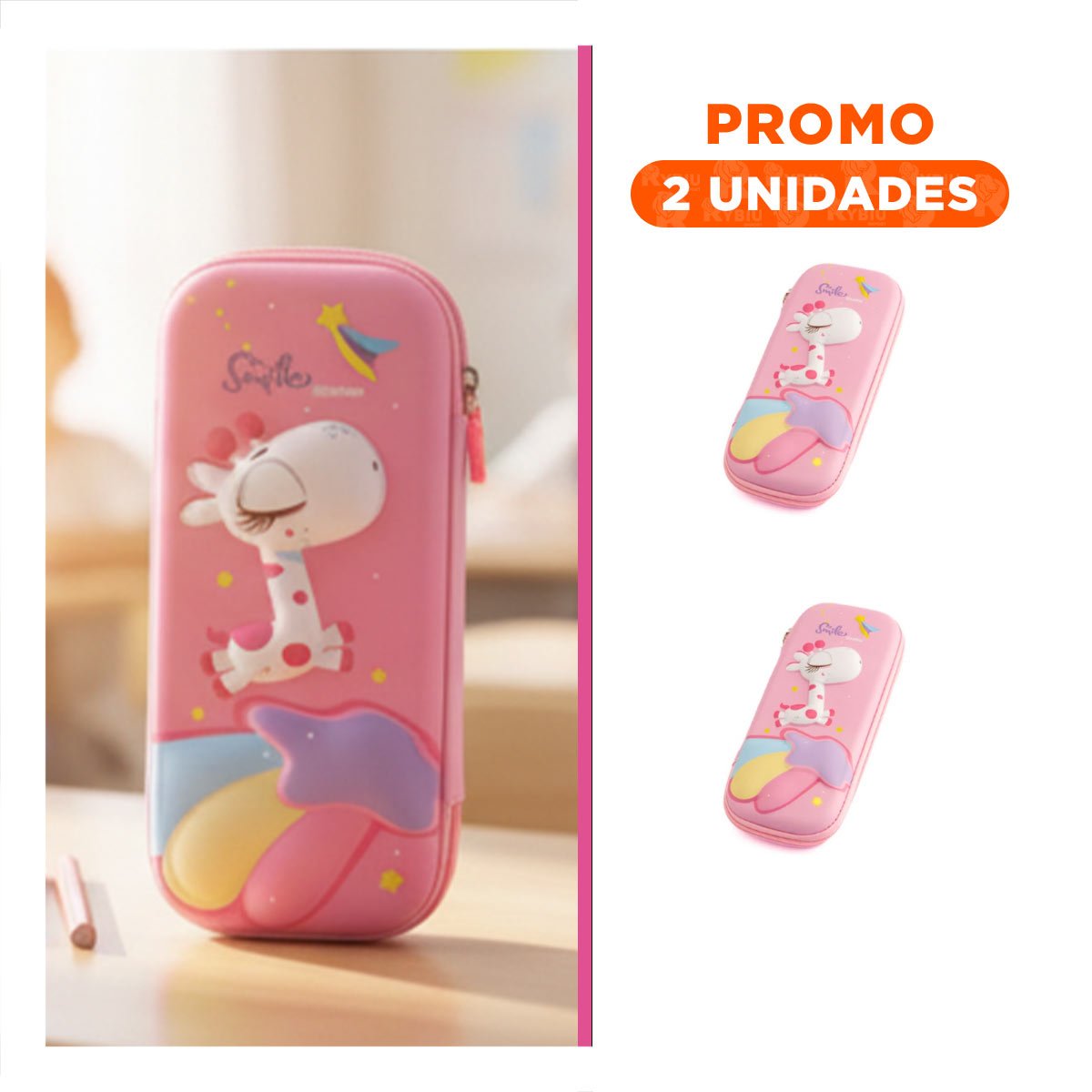 PACK2 BOLSO COMPACTO JIRAFA ROSADO ALTO RELIEVE PARA GUARDAR UTILES - 1