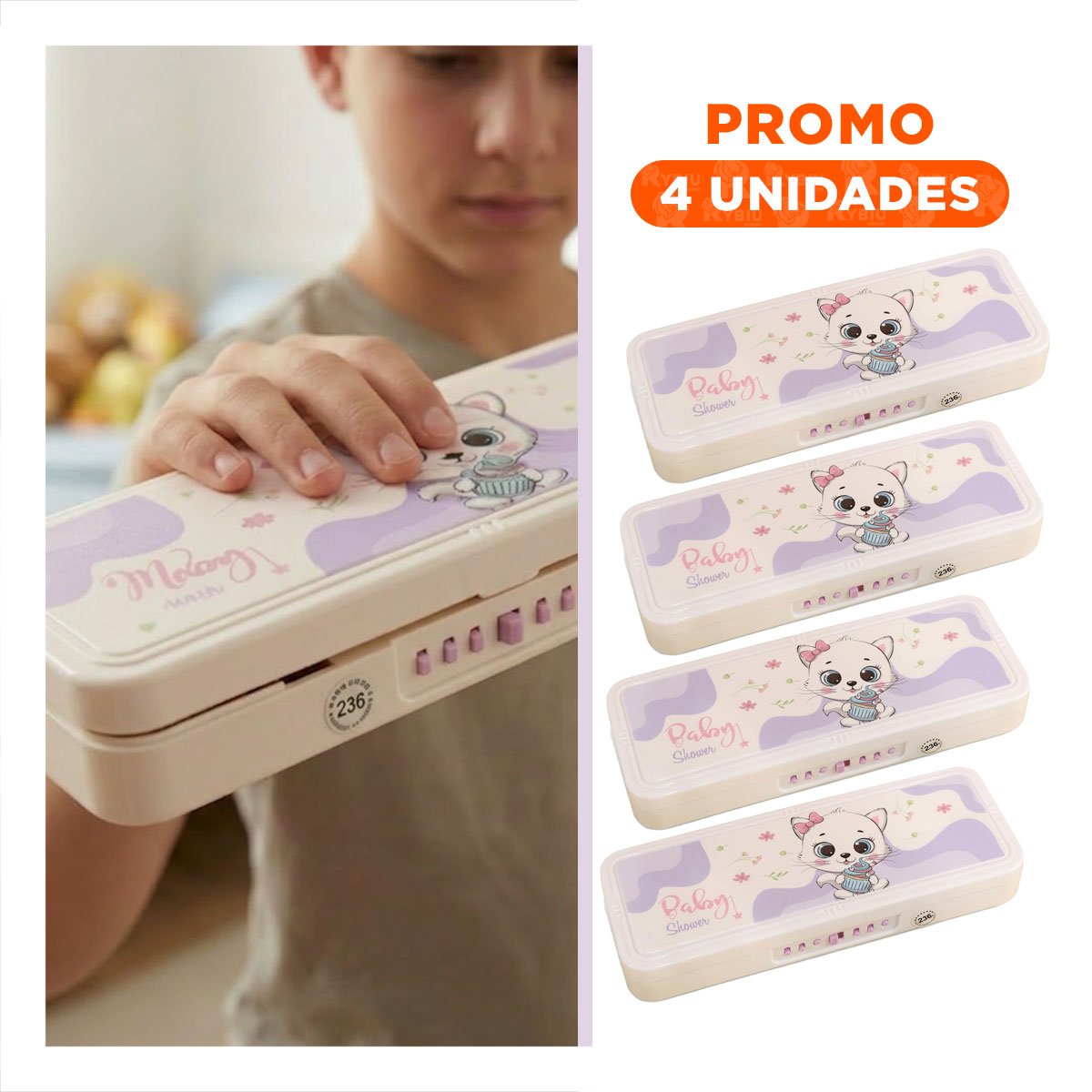 PACK4 CARTUCHERA FUNCIONAL CON CLAVE 2 NIVELES DISENO GATO BEIGE Y+REGALO STICKER - 1