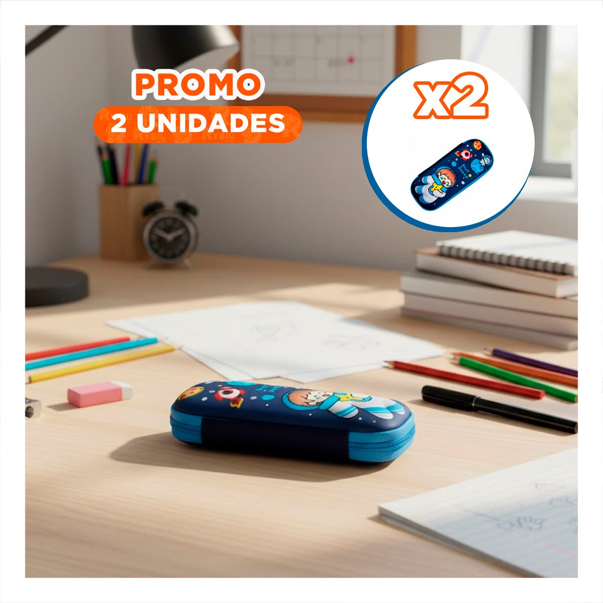 PACK2 BOLSO FUNCIONAL ASTRONAUTA FELIZ AZUL ALTO RELIEVE CON ESTILO ESCOLAR Y+REGALO STICKER - 1