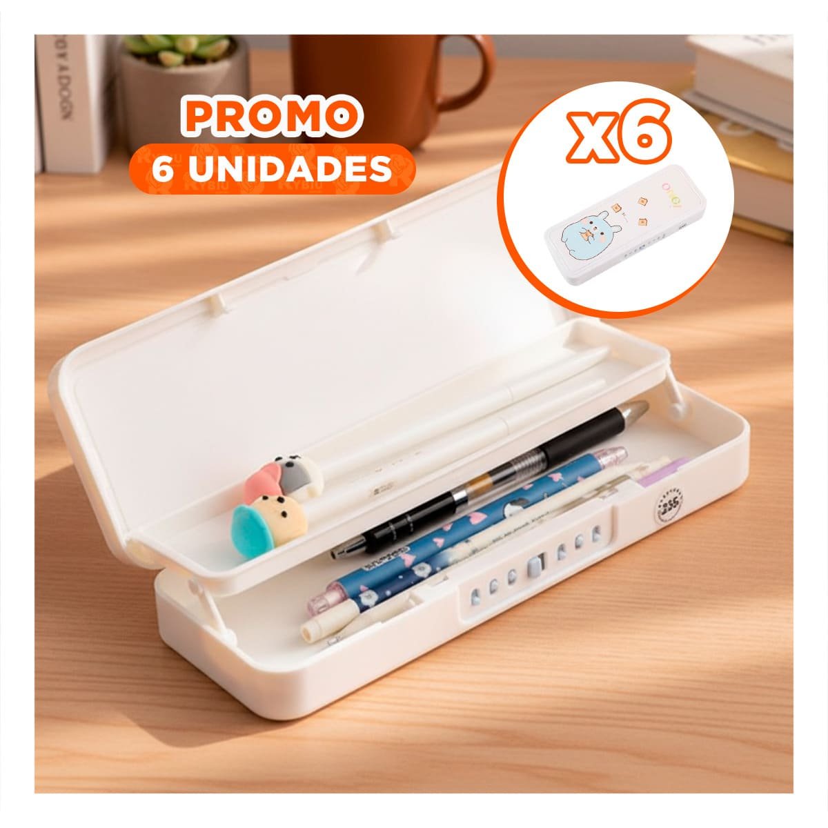 PACK6 PORTA UTILES MODERNO CONEJO BEIGE CON CLAVE 2 NIVELES FUNCIONAL Y+REGALO STICKER - 1