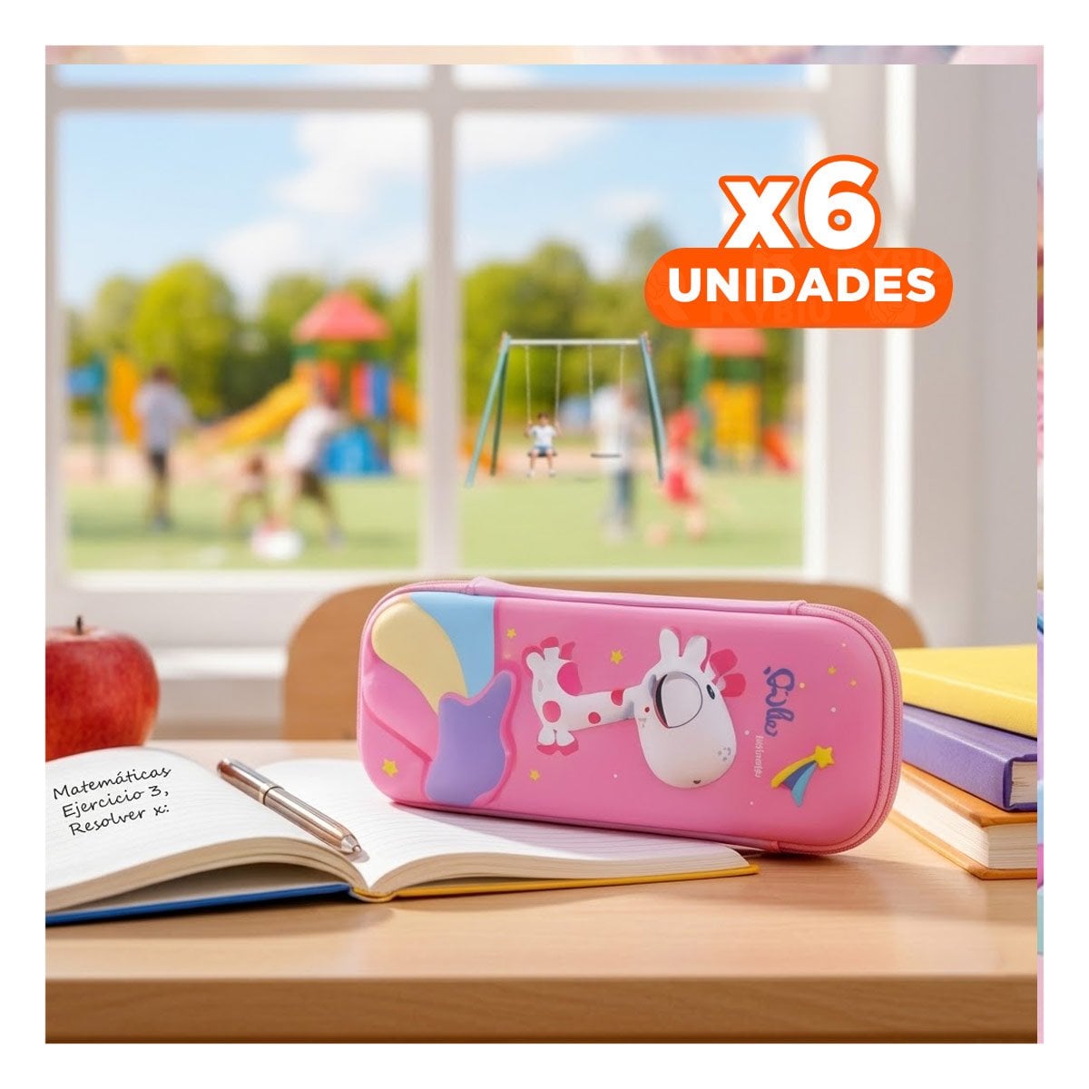 PACK6 FUNDA ESCOLAR JIRAFA ROSADO ALTO RELIEVE CON CIERRE SEGURO Y+REGALO STICKER - 1