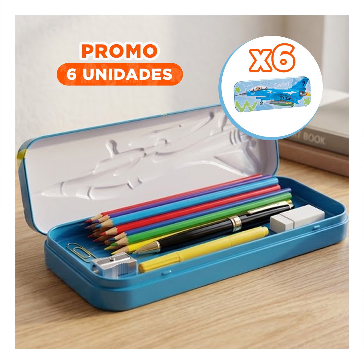 PACK6 ESTUCHE RESISTENTE CELESTE METALICO CON SEPARADOR PARA UTILES Y+REGALO STICKER - 1
