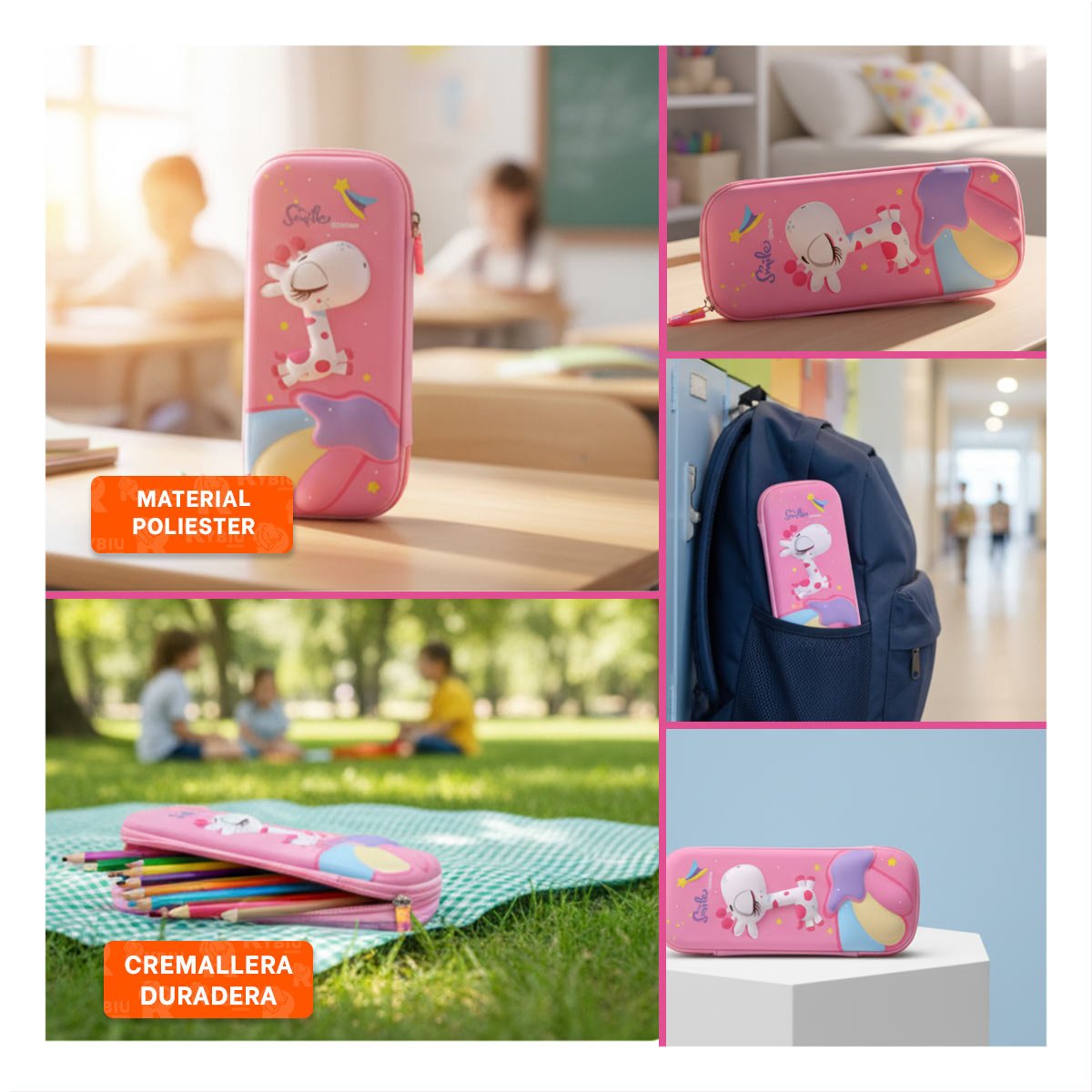 PACK4 ACCESORIO COMPACTO JIRAFA ROSADO ALTO RELIEVE PARA USO ESCOLAR Y+REGALO STICKER - 2