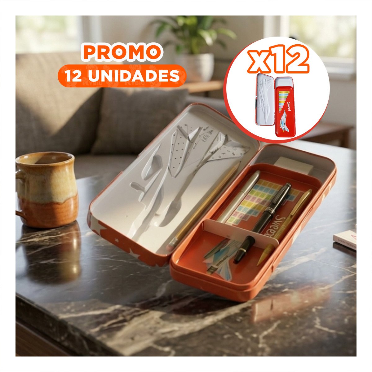 PACK12 CAJA PORTA LAPICES BLANCO METALICA CON DIVISION INTERNA - 1