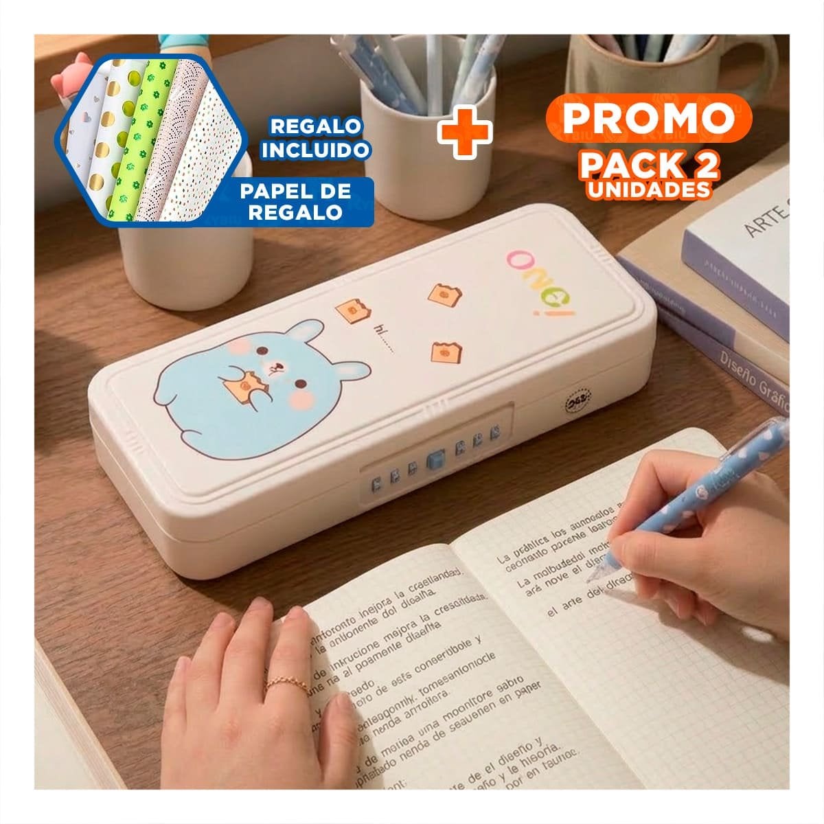 PACK2 PORTALAPICES MODERNO CONEJO BEIGE CON CLAVE 2 NIVELES JUVENIL Y+PAPEL REGALO - 1