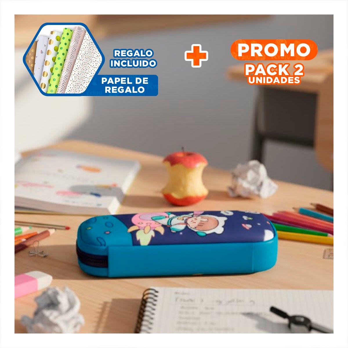 PACK2 BOLSO MODERNO ASTRONAUTA EN COHETE AZUL ALTO RELIEVE CON ESPACIO AMPLIO Y+PAPEL REGALO - 1