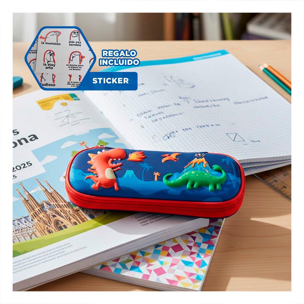 ESTUCHE COMPACTO DINOS AZUL ALTO RELIEVE PARA GUARDAR UTILES ESCOLARES Y+REGALO STICKER - 1
