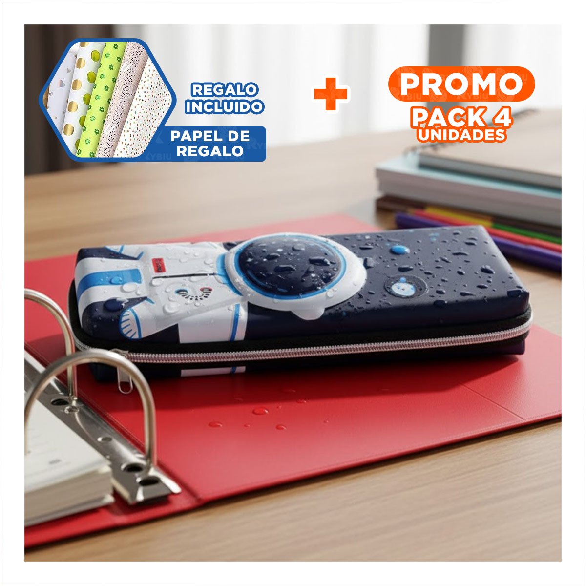 PACK4 ACCESORIO INFANTIL ASTRONAUTA HAPPY AZUL ALTO RELIEVE CON DISENO PRACTICO Y+PAPEL REGALO - 1