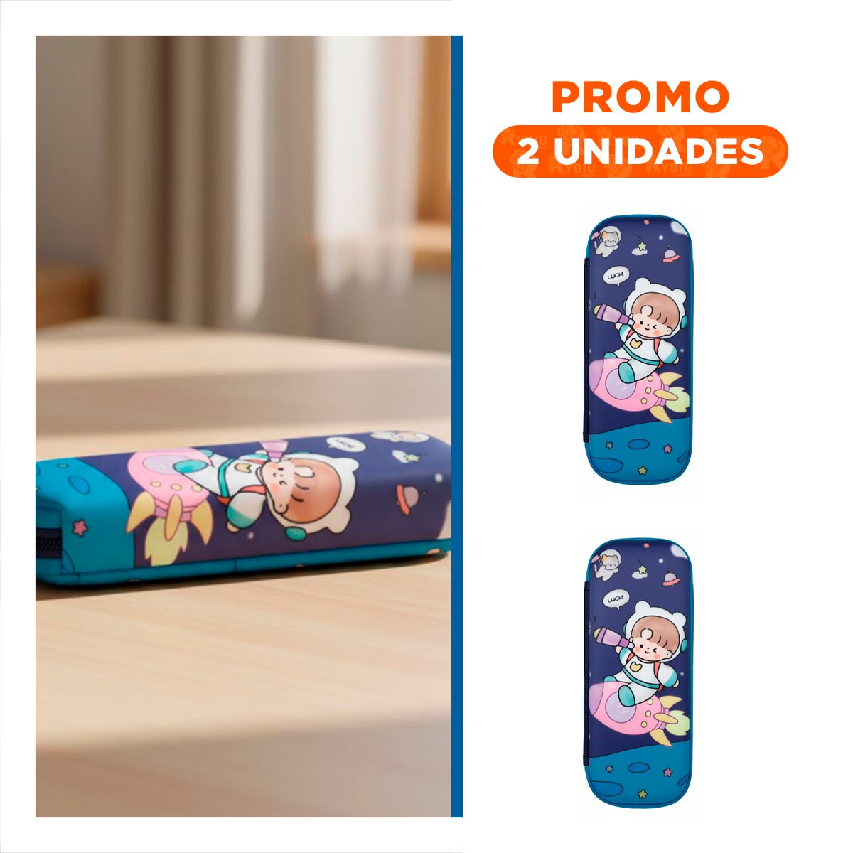 PACK2 BOLSO COMPACTO ASTRONAUTA EN COHETE AZUL ALTO RELIEVE PARA GUARDAR UTILES - 1
