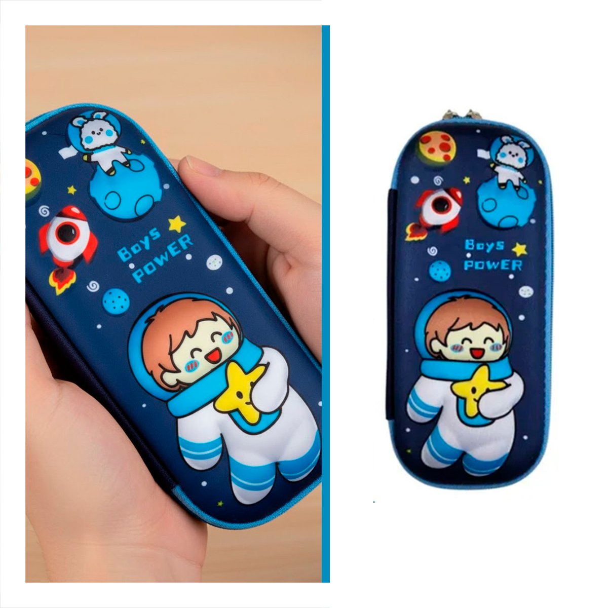 ESTUCHE ESCOLAR ASTRONAUTA FELIZ AZUL ALTO RELIEVE CON CIERRE SEGURO Y PRACTICO - 3