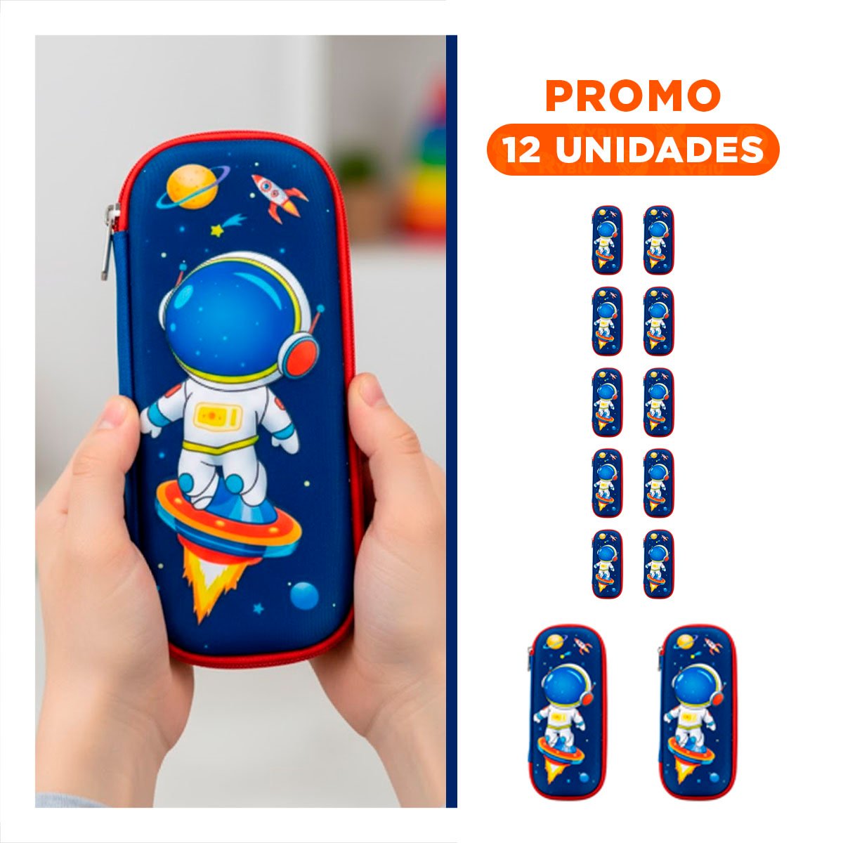 PACK12 FUNDA MODERNA ASTRONAUTA AZUL ALTO RELIEVE CON ESPACIO AMPLIO INTERNO Y+REGALO STICKER - 1