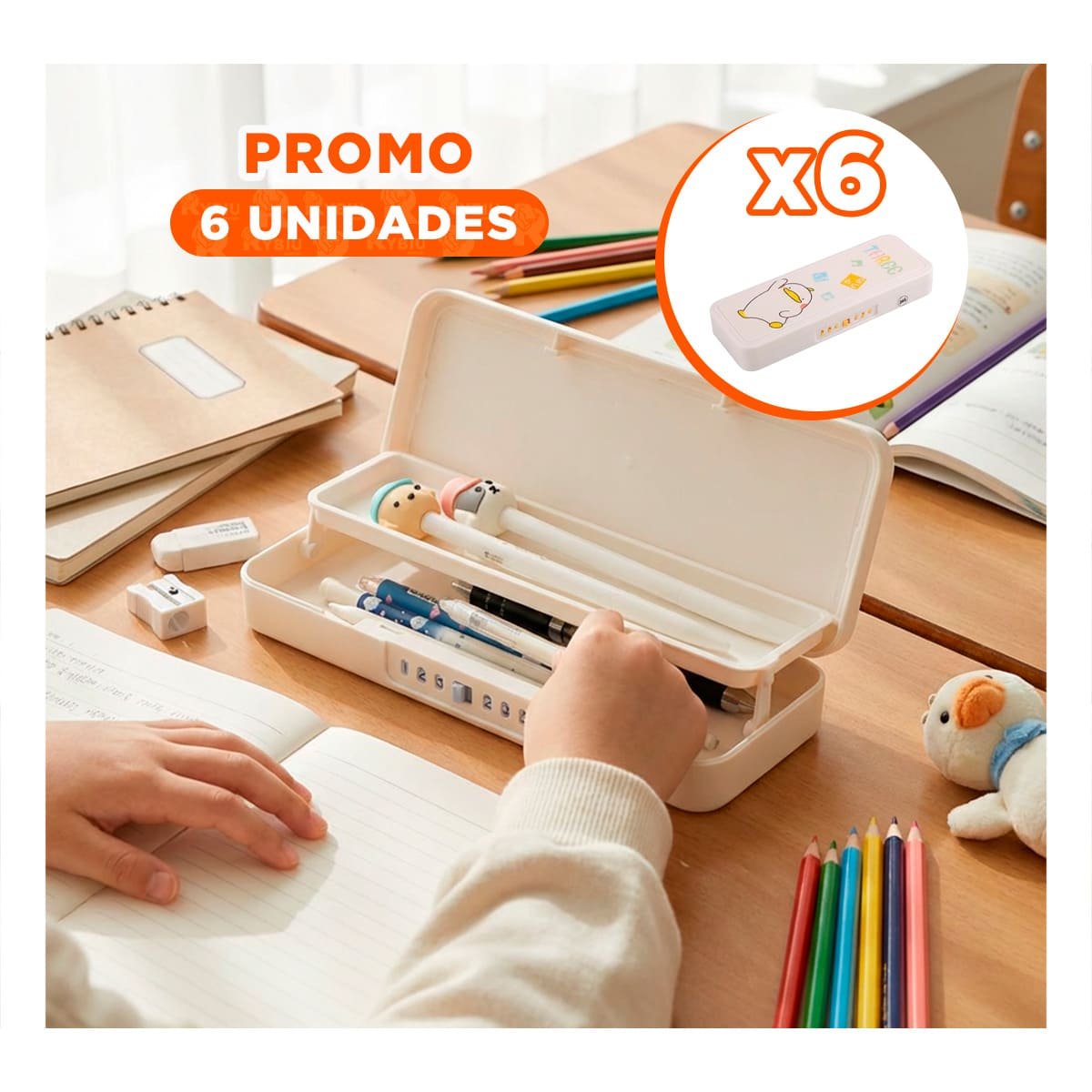 PACK6 CARTUCHERA PRACTICA BEIGE CON CLAVE 2 NIVELES DISENO PATO Y+REGALO STICKER - 1