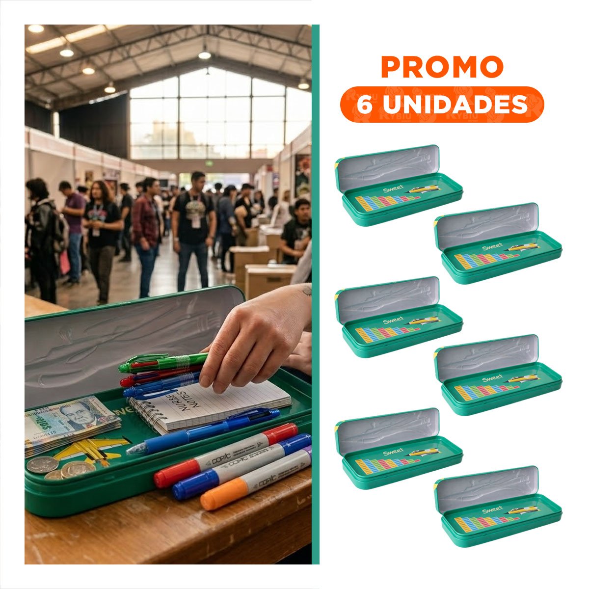 PACK6 CAJA PRACTICA VERDE METALICA CON SEPARADOR ESCOLAR - 1