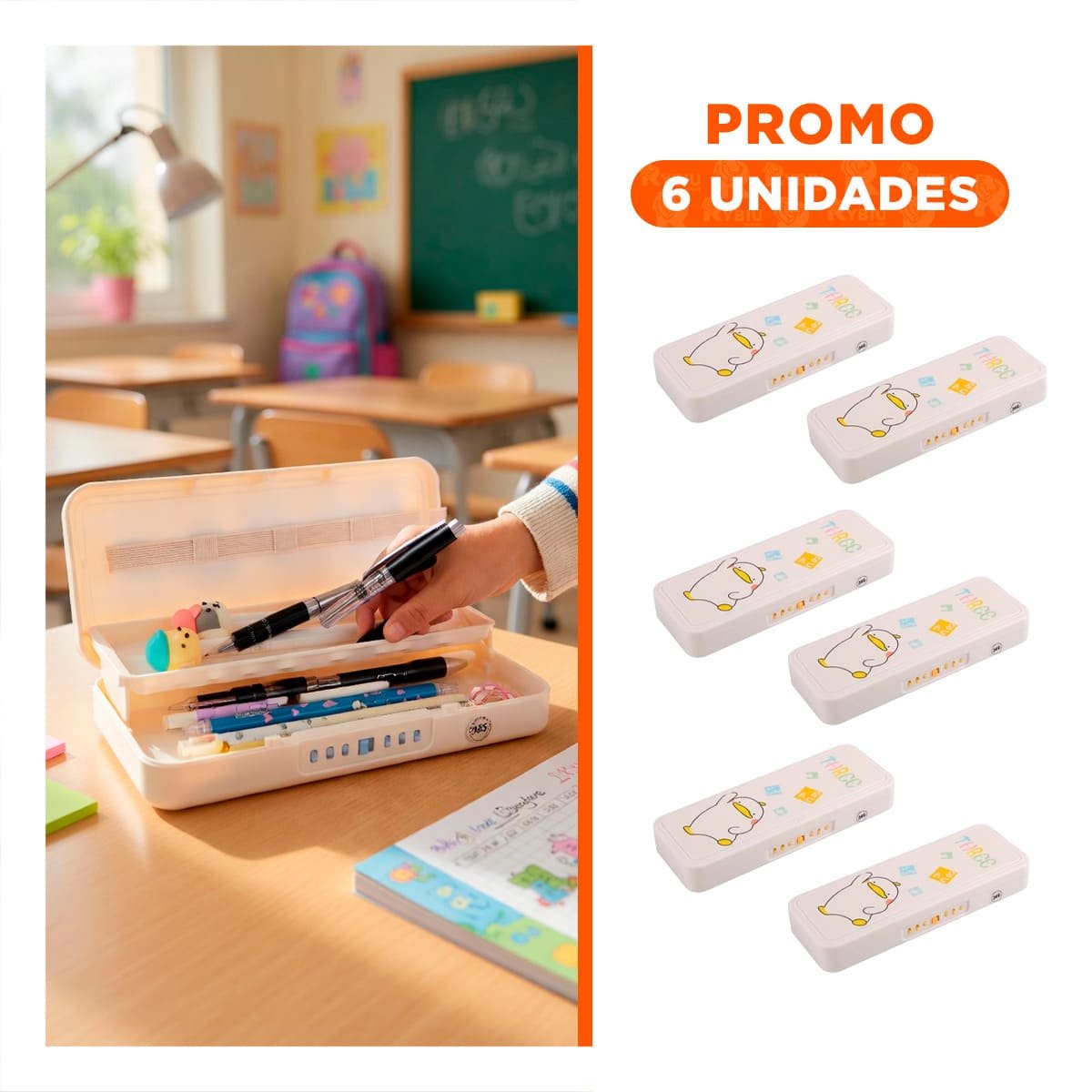 PACK6 CARTUCHERA CON CLAVE Y DOBLE NIVEL DISENO PATO BEIGE - 1